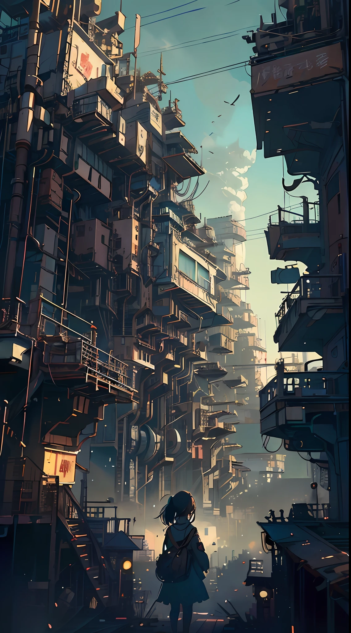 A ray of hope in a dystopia、A girl wanders into a dark Chinese skyscraper、One littlck in the back center of the screen、Very complex cityscape、A devastated world、Pulling composition、industrial、High-definition depiction、A city lined with electric wires、Magic Hour、Make a story with 4 sheets