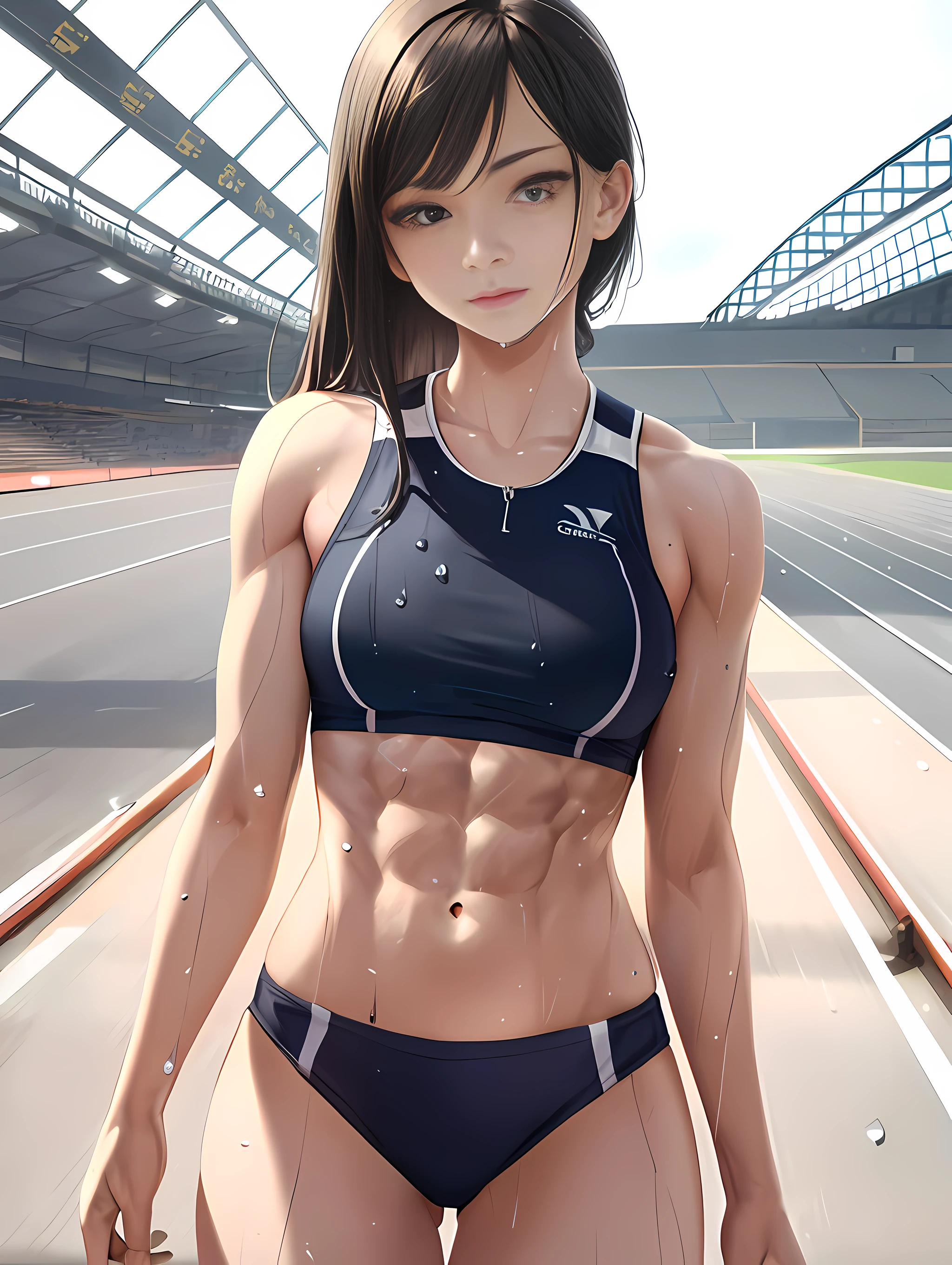 masterpiece,super detailed realistic illustration,1beautiful girl,track and field uniform,small delicate head,big eyes,large breasts,well training body,tone abs,nice legs,wet skins sweat,track and field,dramatic light,