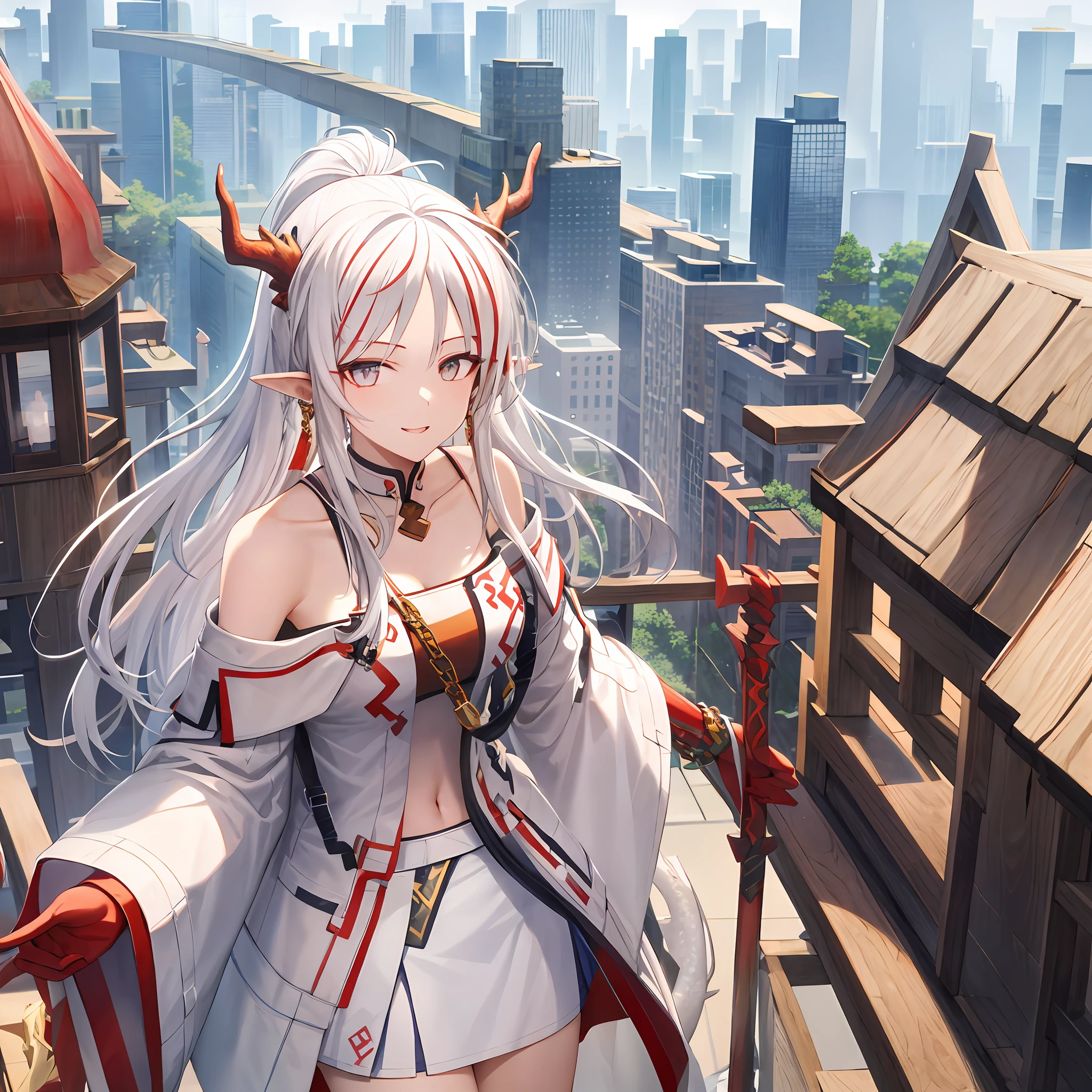 tmasterpiece,best quailty,1 girl with long white hair,de pele branca,Golden eyes,There are dragon horns on the head,Exposed shoulder,neck chain,White sleeves,Short white skirt,with buildings,looking towards the viewer,Clear details。
