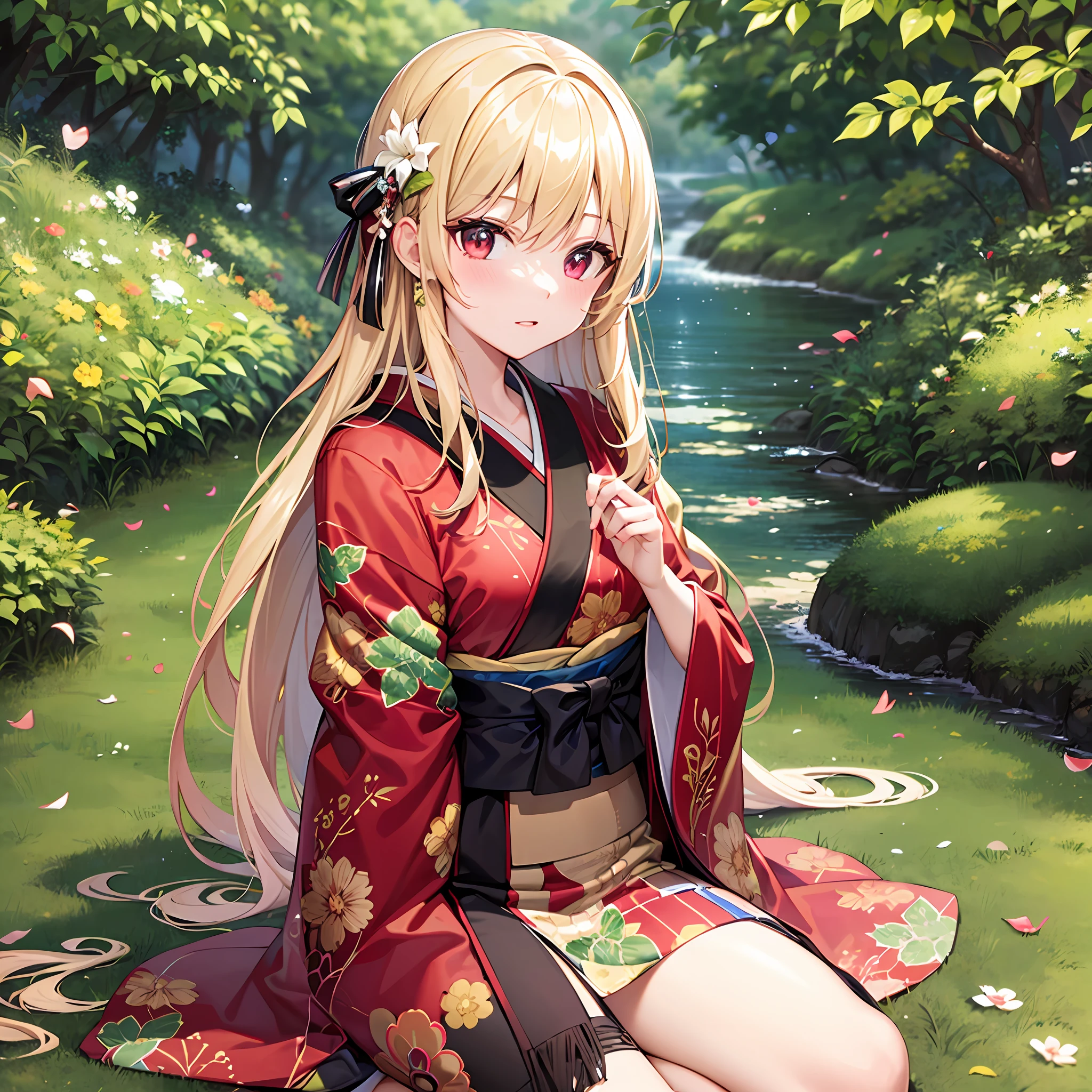 One blonde girl、red eyes、kimono