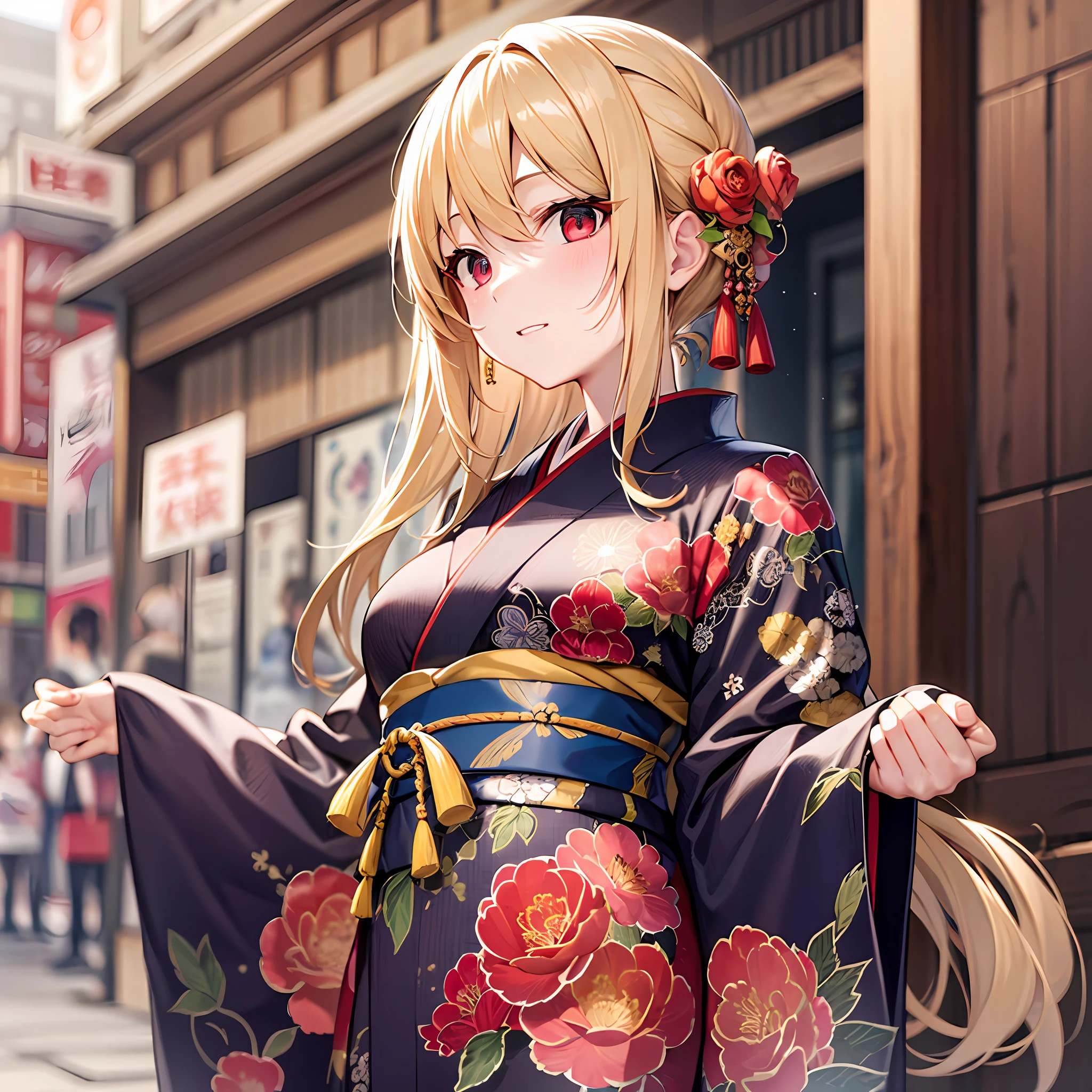 One blonde girl、red eyes、kimono