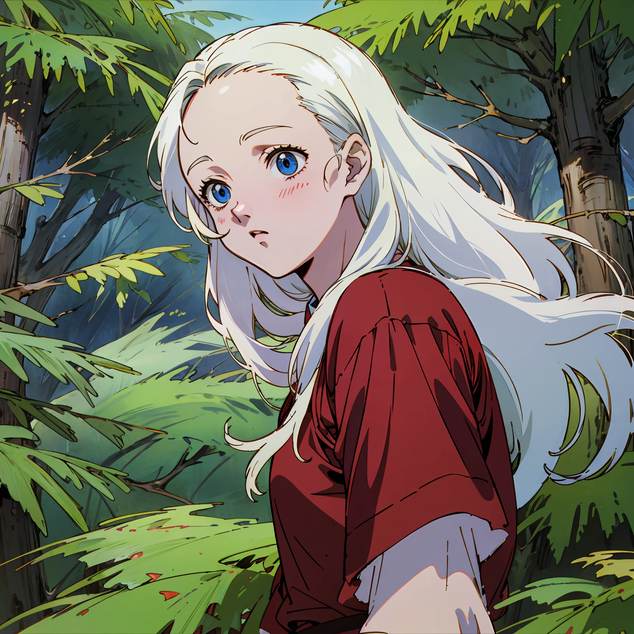 white colored hair, forehead, Long hair, blue eyes, Red shirt, the wind, forest on background