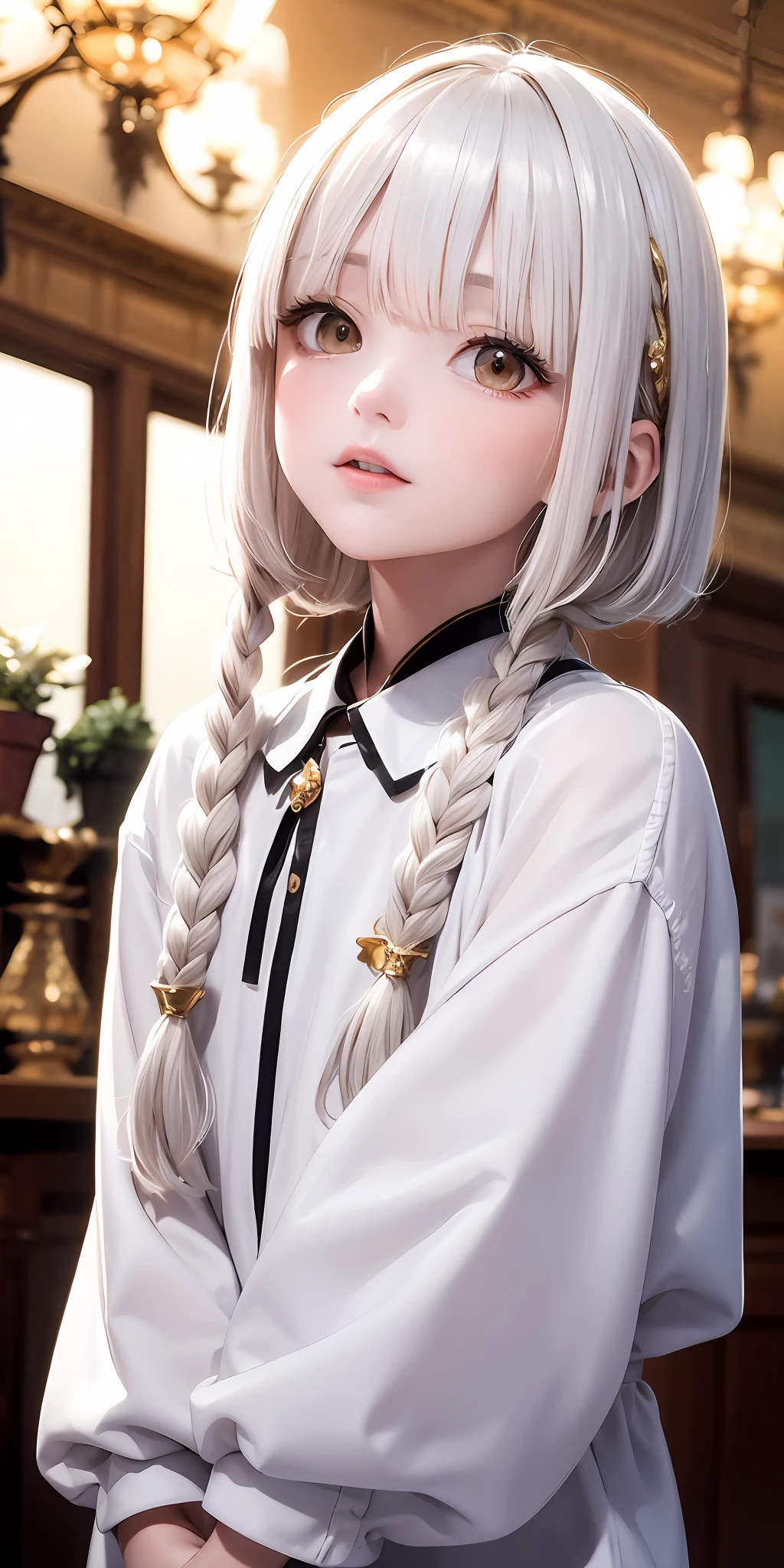 best quality, masterpiece,white hair, gold eyes,white clothes, looking up, upper body,hair strand,Fair skin,side braids