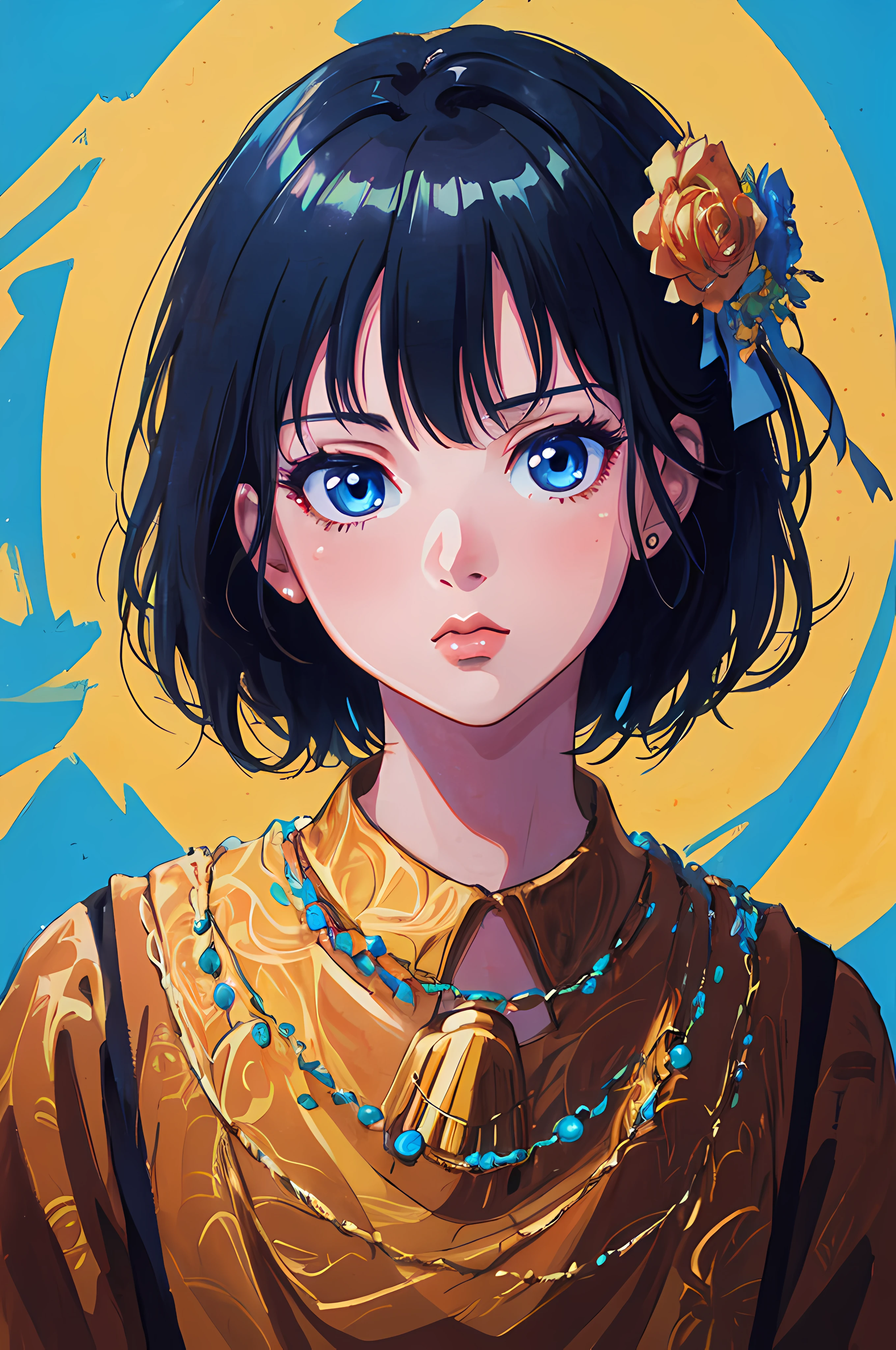 potrait,half body, a girl, anime illustration, 90s,color splash,detailed eyes, Perfect features, (masterpiece), (best quality:1.4), absurdres, moist skin, shiny skin, glossy skin, (masterpeice, best quality, good quality:1.4), masterpiece, intricate details