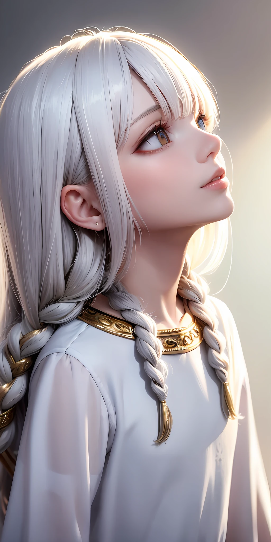 best quality, masterpiece,white hair, gold eyes,white clothes, looking up, upper body,hair strand,Fair skin,side braids
