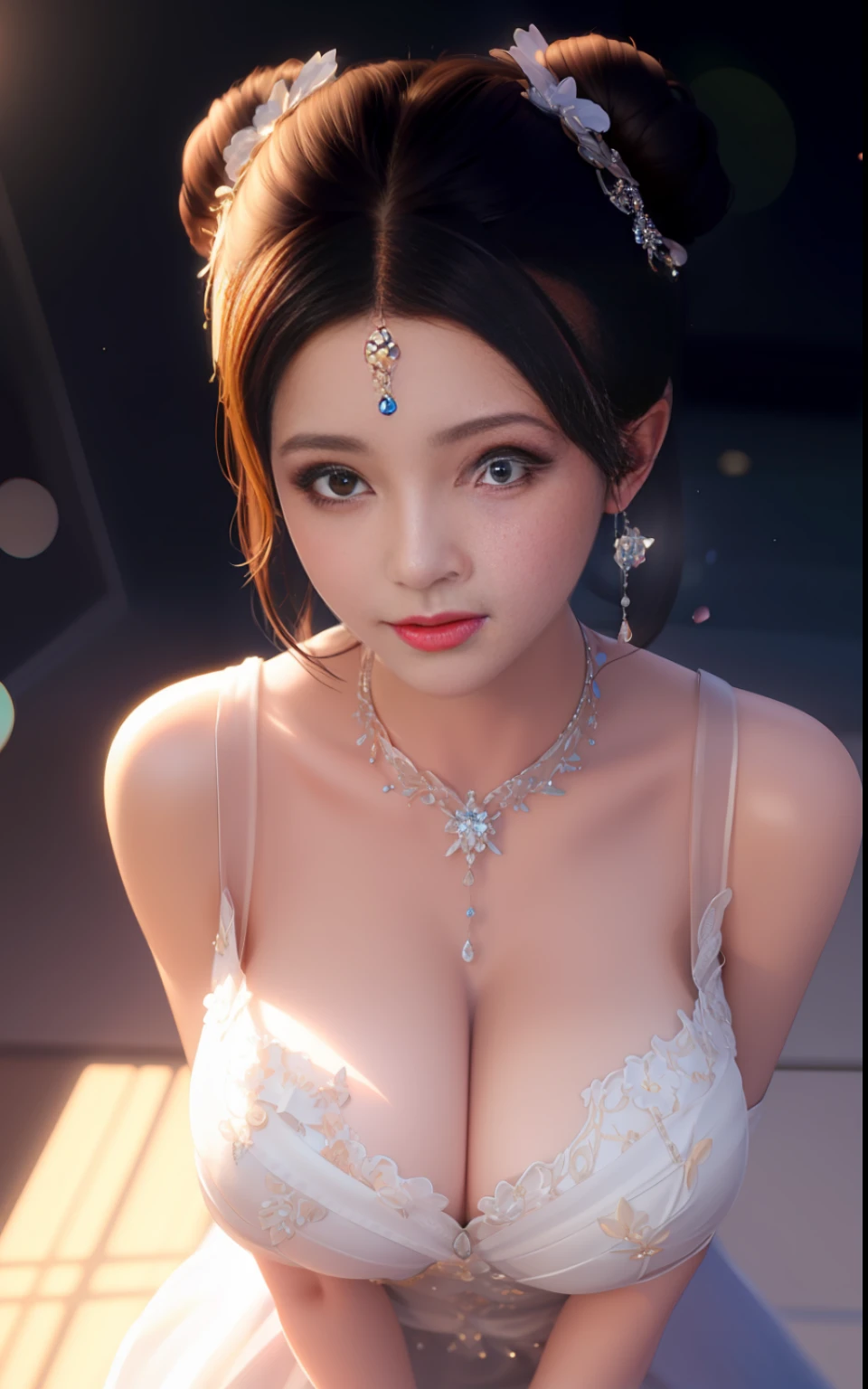 Create a breathtaking masterpiece with stunning ray tracing effects，Features two charming girls，They have a delicate and slender body、graceful curves、Proportional limbs，And complemented by the best shadows and realistic lighting。WITH GIGANTIC BREASTS，Expose cleavage，perfect faces，Glossy skin and beautiful eyes。