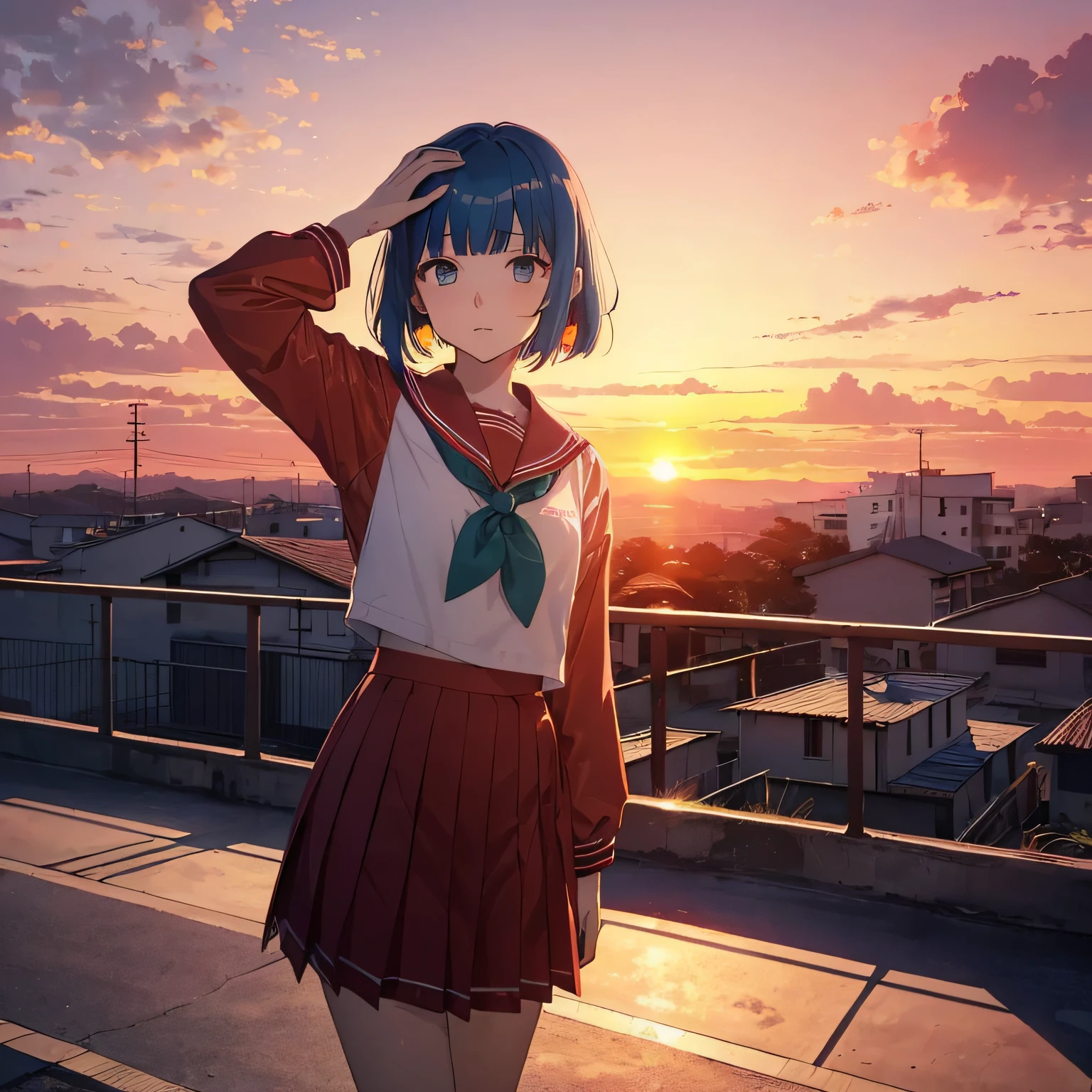 ((((masterpiece)))), best quality,
anime, a girl,
standing, in front of school rooftop)),
((((sunset,red sunset)))),red backlight,
((Japanese yellow school sailor suit)),
green skirt,
medium bob,
blue hair,
blue eyes,cloudy eyes,Insanity,
middle parted hairstyle,
put your hands on your head, ((Expressionless))