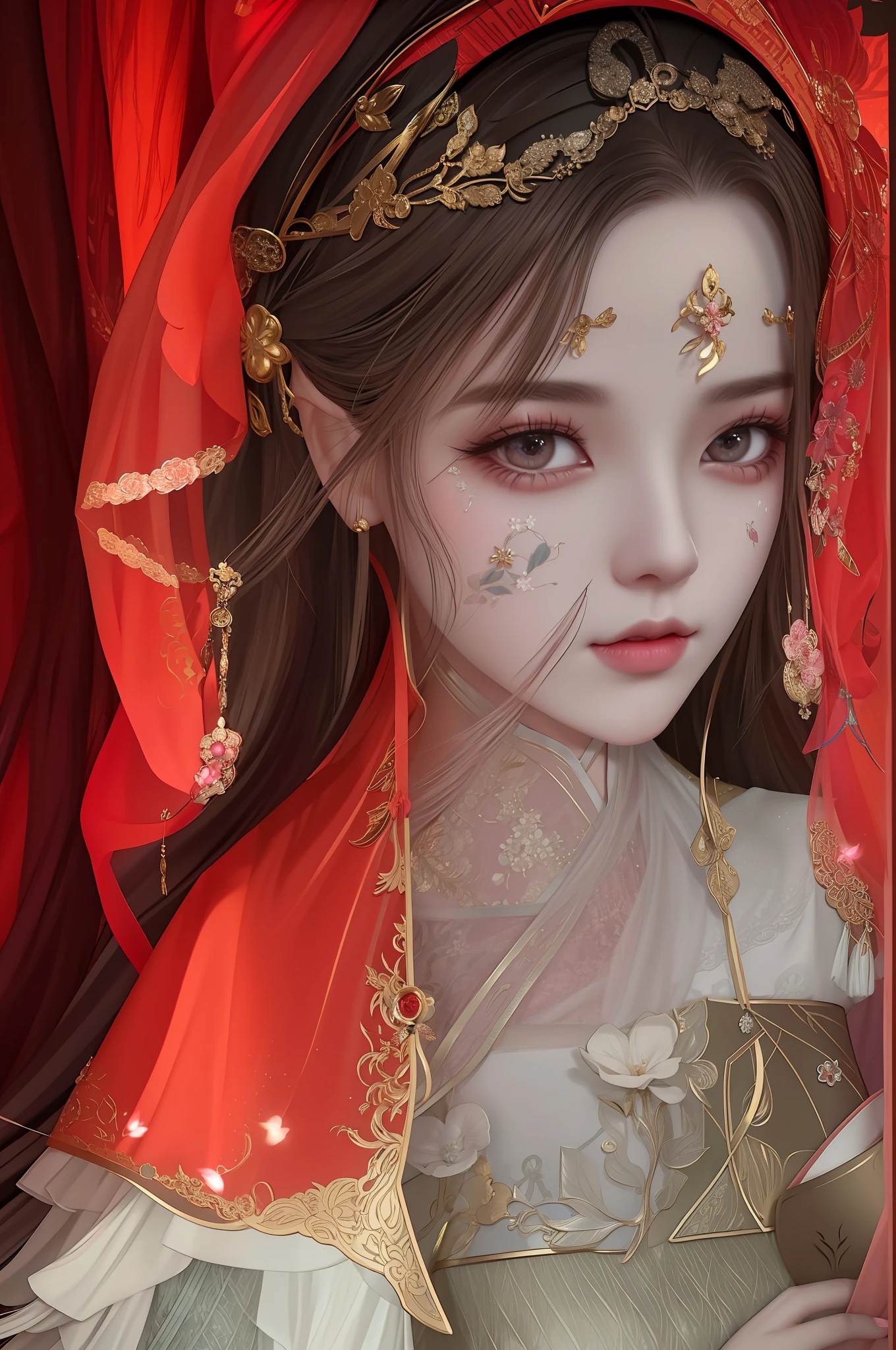 There is a woman with makeup,A veil is worn over the head, intricate wlop, palace , A girl in Hanfu, inspired by Ai Xuan, Inspired by Lan Ying, 🌺 CGSesociety, ((a beautiful fantasy empress)), 8K high quality detailed art, a beautiful fantasy empress, Goddess. Extremely high detail, hyper-detailed fantasy character, Ethereal beauty