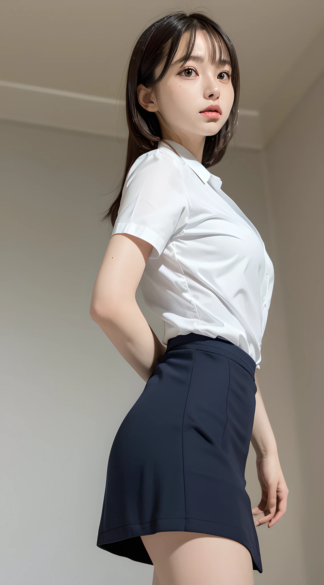 (masterpiece, best quality:1.4), delicate girl, 8k, 50mm portrait, raw photo, absurdres, violaceaess, gardeniass, (looking at viewer, from below, side shot, short sleeve dress shirt, flare skirt:1.4), cowboy shot, dutch angle, arch back, dull violet theme, large breasts, thin arms, thin waist, facelight, clear lighting, film grain, chromatic aberration, [:(detailed face, sophisticated, stylish outfit:1.4):0.2], bedroom, (bokeh:1.2), (simple background:1.3)