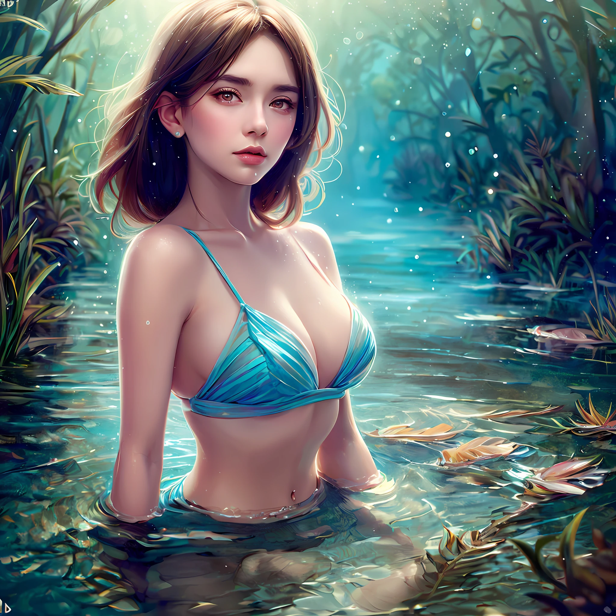 a beautiful mature woman (gldot) bathing in a river, girl half body drowning in the water, reeds, (back lighting), realistic, masterpiece, highest quality, lens flare, shade, bloom, [[chromatic aberration]], by Jeremy Lipking, digital painting,