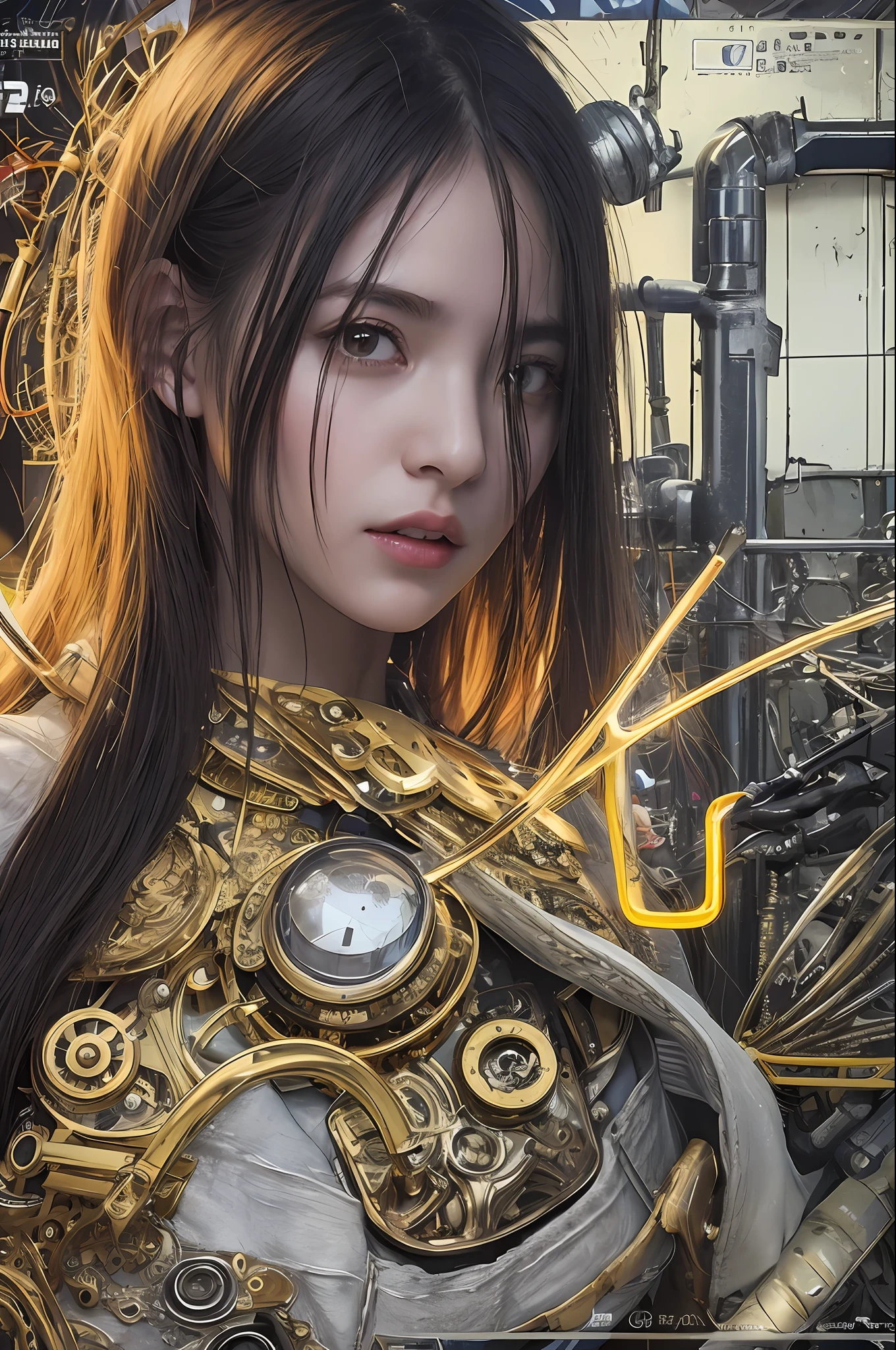 beste-Qualit、masterpiece、Super-High Resolution、(photorealisitc:1.4)、Raw photo、女の子1人、Black hair、glowy skin、Steampunk Girl、((Ultra Realistic Detail))、portlate、Global Illumination、Shadow、octan render、in 8K、ultrasharp、hugetits、Raw skin is exposed in cleavage、Details of complex ornaments、Gothloli details、Glass Parts、Glass Tube、Glass cover、Luminous tube、Nixie Kan、vacuum tubes、Analog Meter、Golden hydraulic cylinder、highly intricate detail、Realistic light、CGSoation Trends、purple-eyed、radiant eyes、Facing the camera、neon details、Mechanical limbs、blood vessels connected to tubes、Mechanical vertebrae attached to the back、mechanical cervical attaching to neck、sitting on、Wires and cables connecting to the head、Small LED lamp、
