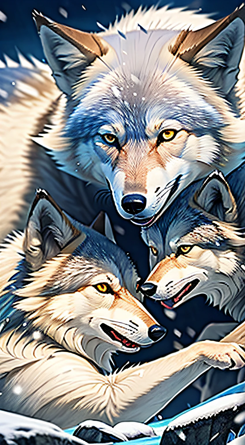 Two packs of arctic wolves,White hair,The eyes are fierce,Tooth grinned,Strong,Both sides tore at each other,The background is the Arctic、ice field,Extremely cold weather,Long-range shots,In the daytime
