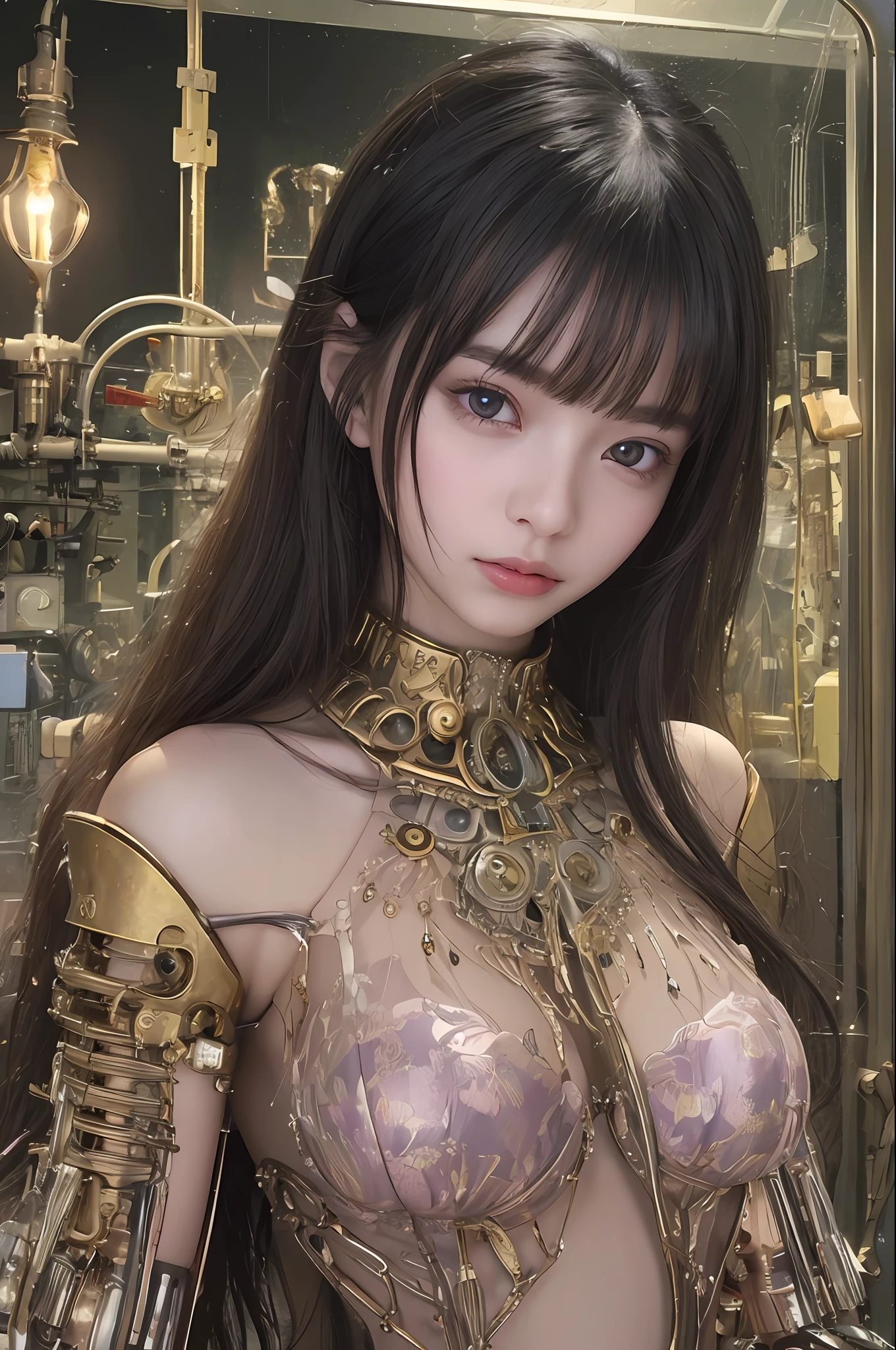 beste-Qualit、masterpiece、Super-High Resolution、(photorealisitc:1.4)、Raw photo、1人、Black hair、glowy skin、Steampunk Girl、((Ultra Realistic Detail))、portlate、Global Illumination、Shadow、octan render、in 8K、ultrasharp、hugetits、Raw skin is exposed in cleavage、Details of complex ornaments、Gothloli details、Glass Parts、Glass Tube、Glass cover、Luminous tube、Nixie Kan、vacuum tubes、Analog Meter、Golden hydraulic cylinder、highly intricate detail、Realistic light、CGSoation Trends、purple-eyed、radiant eyes、Facing the camera、neon details、Mechanical limbs、blood vessels connected to tubes、Mechanical vertebrae attached to the back、mechanical cervical attaching to neck、sitting on、Wires and cables connecting to the head、Small LED lamp、