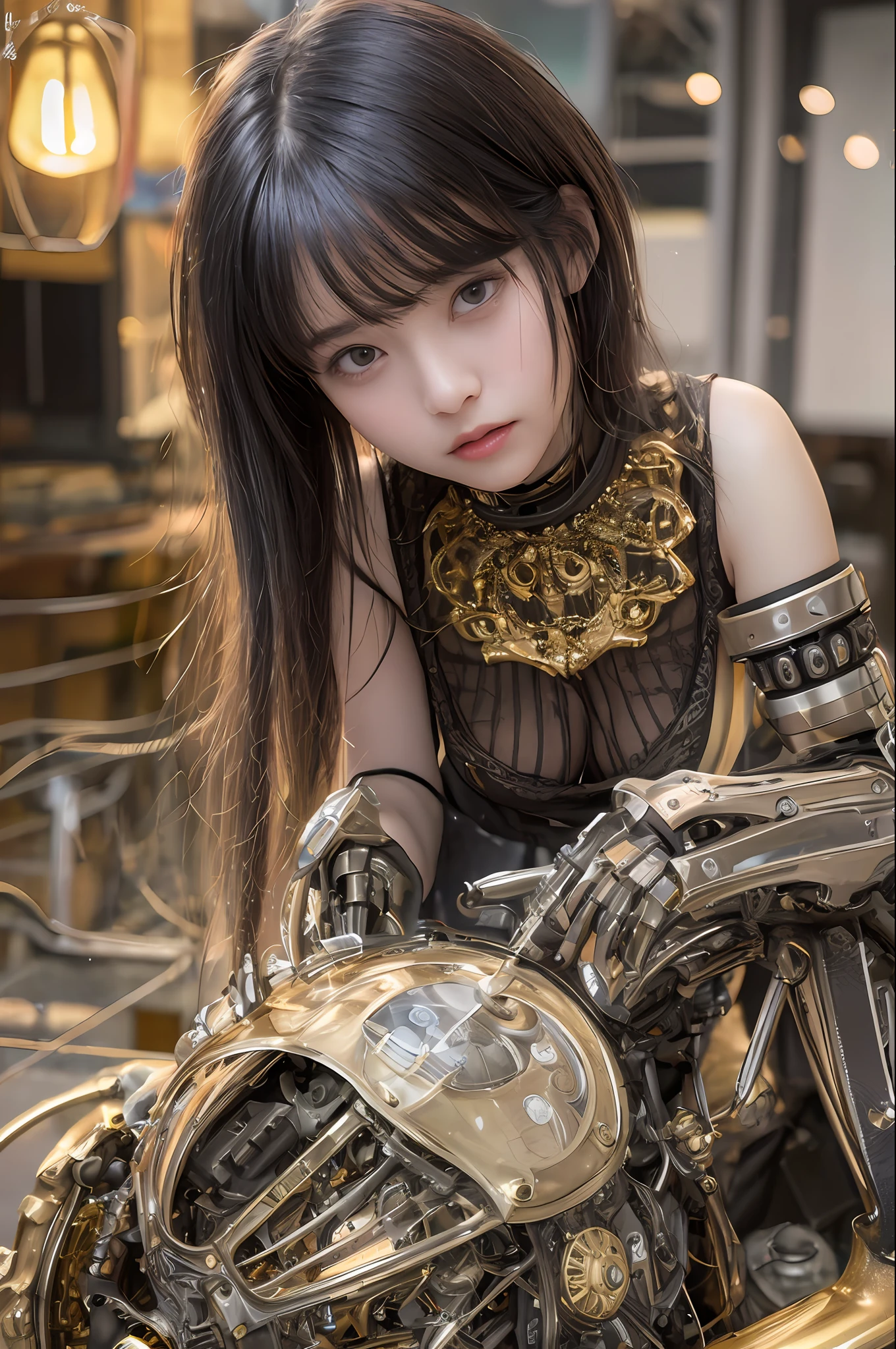 beste-Qualit、​masterpiece、Super-High Resolution、(photorealisitc:1.4)、Raw photo、1人、Black hair、glowy skin、Steampunk Girl、((Ultra Realistic Detail))、portlate、Global Illumination、Shadow、octan render、in 8K、ultrasharp、hugetits、Raw skin is exposed in cleavage、Details of complex ornaments、Gothloli details、Glass Parts、Glass Tube、Glass cover、Luminous tube、Nixie Kan、vacuum tubes、Analog Meter、Golden hydraulic cylinder、highly intricate detail、Realistic light、CGSoation Trends、purple-eyed、radiant eyes、Facing the camera、neon details、Mechanical limbs、blood vessels connected to tubes、Mechanical vertebrae attached to the back、mechanical cervical attaching to neck、sitting on、Wires and cables connecting to the head、Small LED lamp、