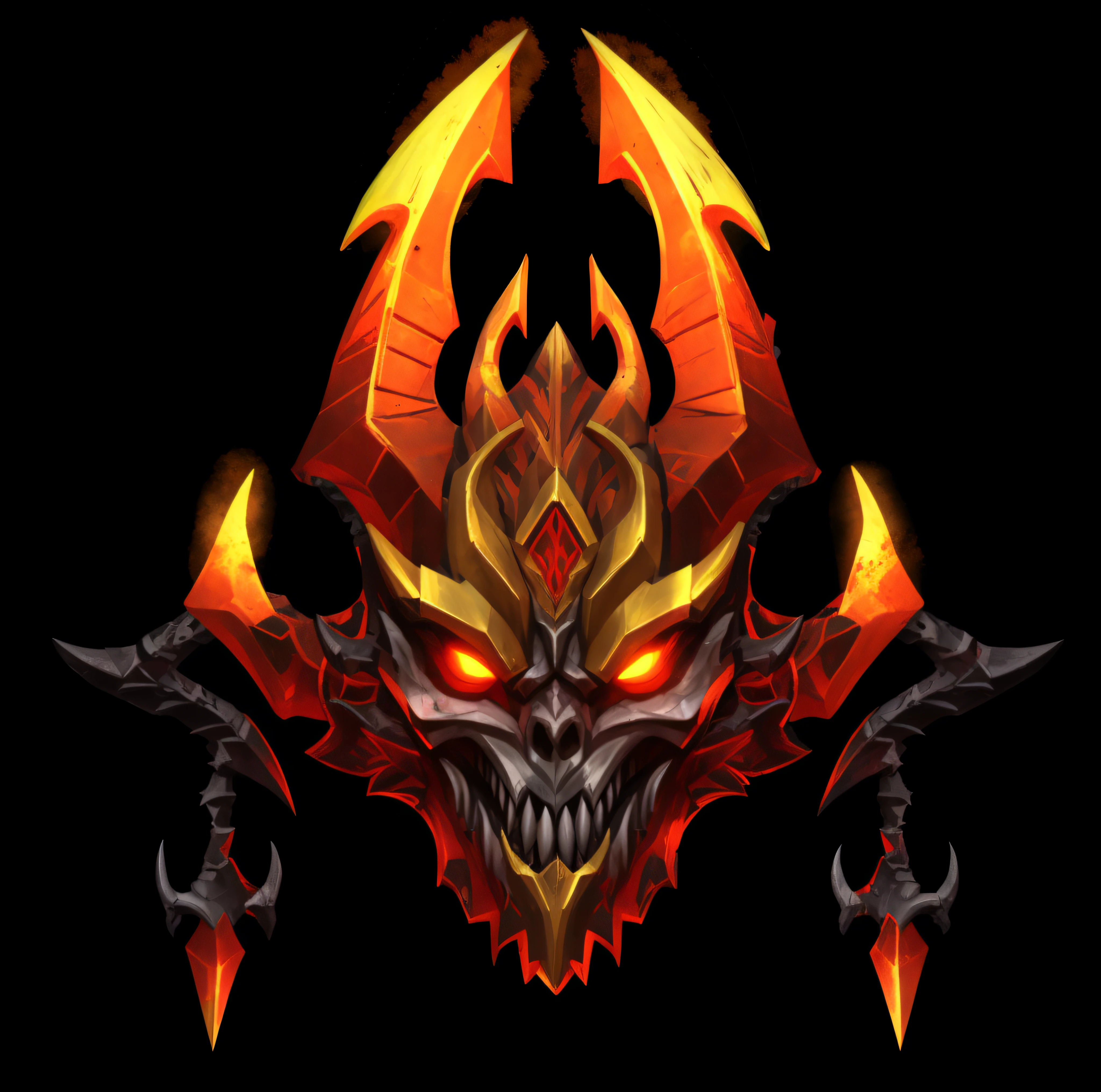 a close up of a demonic looking demon with red eyes, Demon armor, fire demon, deathwing, crimson fire head, infernal enigma, demon soul concept art, Diablo digital concept art, black fire color reflected armor, Diablo concept art, ornate supreme demon overlord, ruler of inferno, Red demon armor, darksiders style, doom demon, demonic dragon inspired armor,super detailing，metalictexture，Authentic texture，Enhance the sense of volume，Real materials，3D modeling ,Real close-up，Extreme meticulousness，Metal Textures ,Enhance the sense of volume of the light source --auto