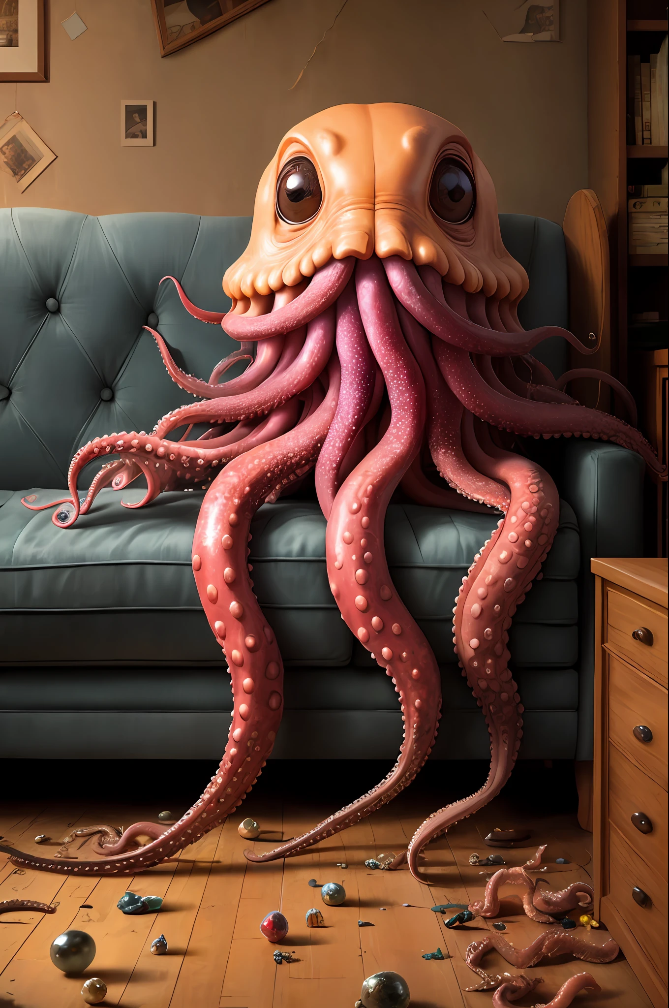 giant octopus lay on old couch, multi many eyes, (fractal tint tentacles:1.3), smooth shiny colorfully skin, lots of stuffed gems and various clutter and mess in background, intricate, highly detailed,