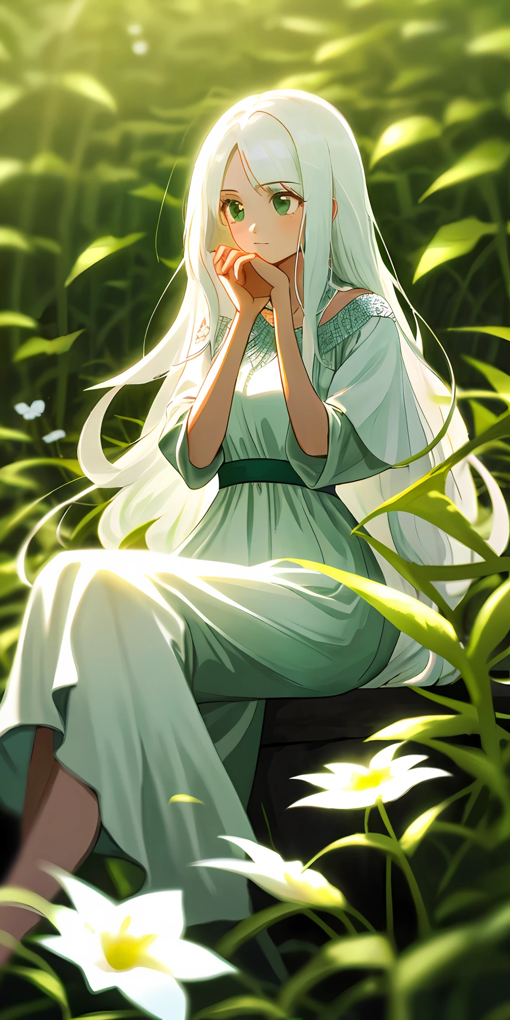 (masterpiece, best quality),1girl with long white hair sitting in a field of green plants and flowers, her hand under her chin, warm lighting, white dress, blurry foreground