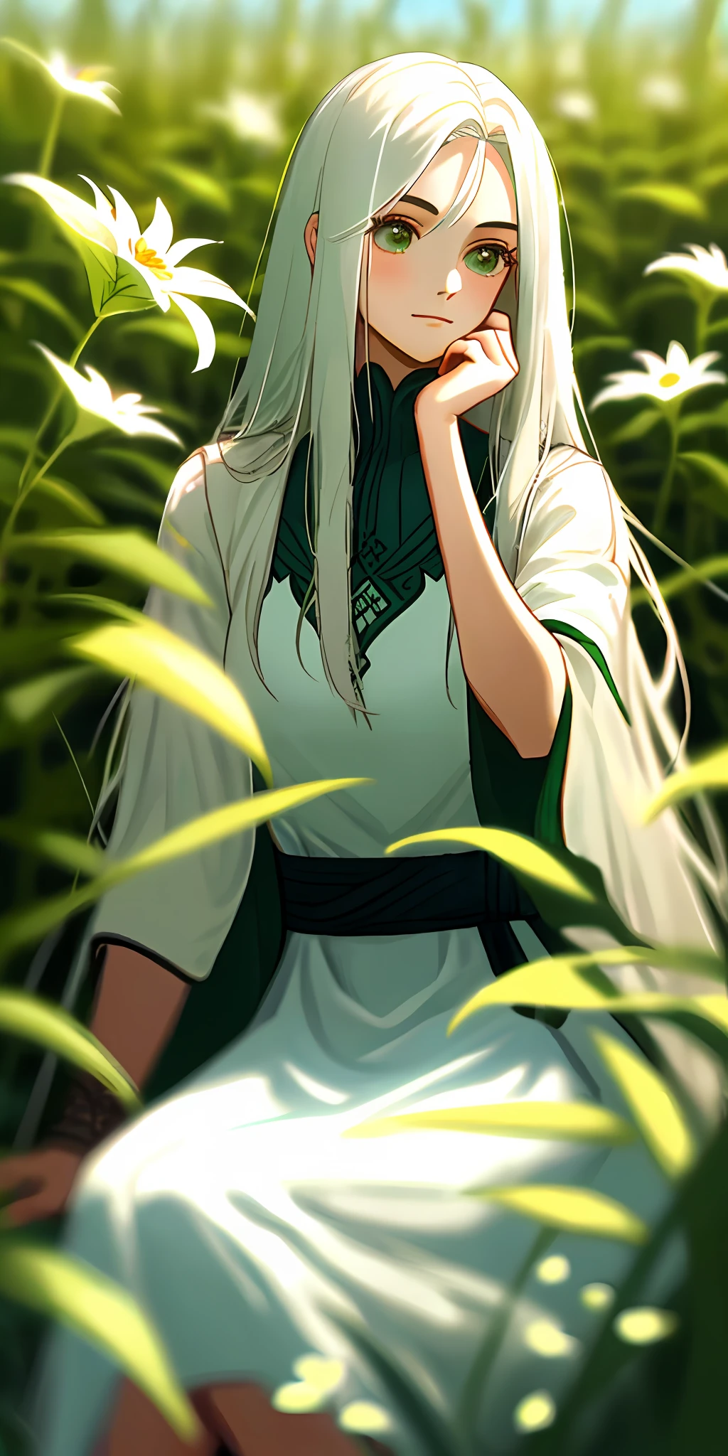 (masterpiece, best quality),1girl with long white hair sitting in a field of green plants and flowers, her hand under her chin, warm lighting, white dress, blurry foreground