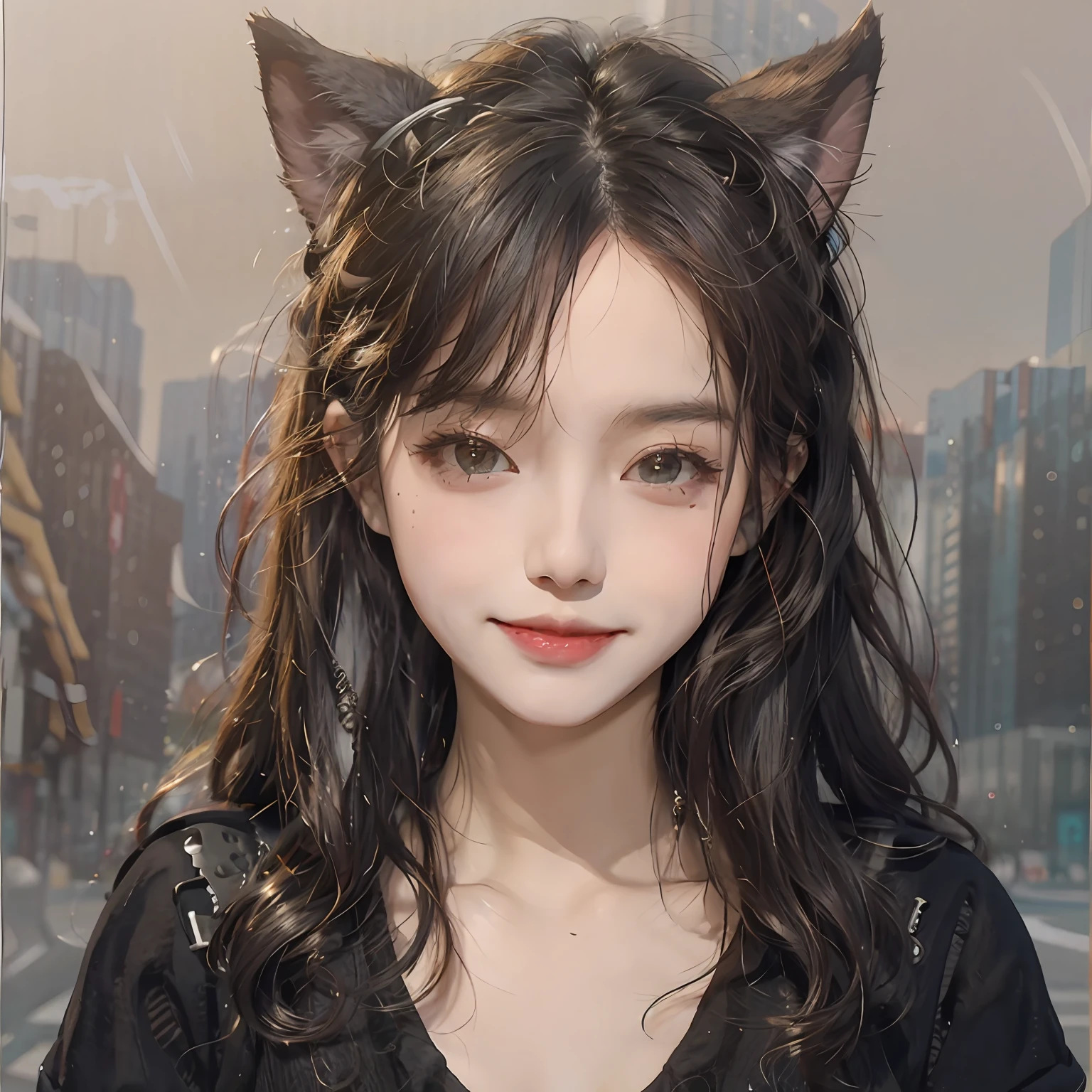 Black hair, hair bobbles, wince, long eyeslashes, solid circle eyes, Fake animal ears, Light smile, Ear blush, fang, Best quality girls, surrealism, Nipple shadow, anaglyph, stereograms, tachi-e, pov fpov, Atmospheric perspective, 8K, Super detail, ccurate, 巨作 --auto