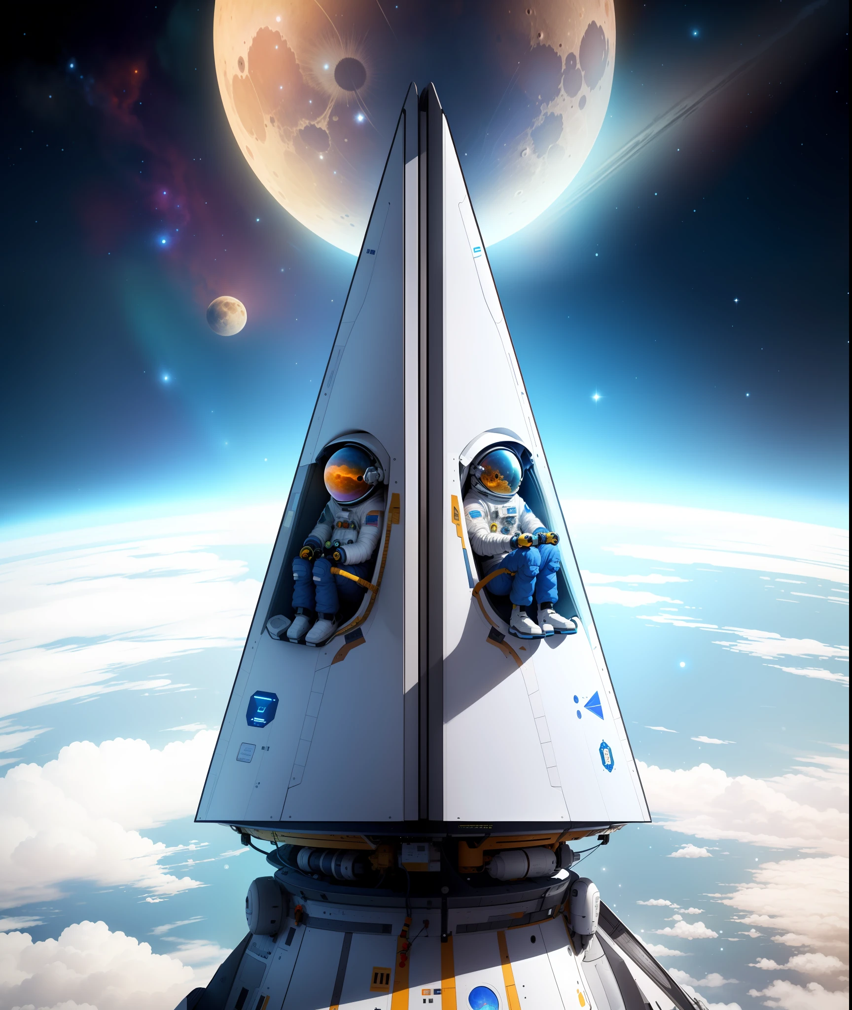 Triangular windows,Outside the window is the yellow moon, There is a car on the moon, A woman watches TV on the space station,Cartoon drawings,Inside the TV is Tiananmen, scifi illustration, Coloring book pages, spaceship in background, girl in space, published art, On the space station, perfect lineart, spaceship in background, Sitting in a spaceship, Astronauts relaxing in space, Heavy line art, gas station in space