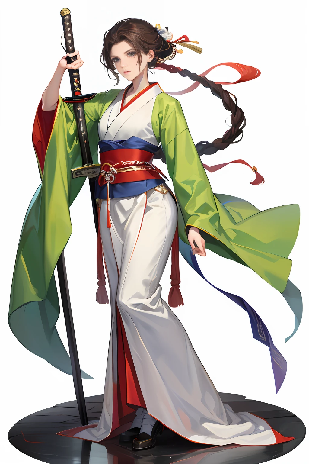 (Highest high resolution, distinct_image) very best quality, Ancient wind，Full body portrayal，A masterpiece of women, hoog detail, Semi-realistic,Slender and tall，Bumpy，Sword in hand，Xia Ke Xiu Xian，cabelos preto e longos, By bangs, 18-year-old f, 年轻, Chinese style ink green fit, Pink-purple flight suit, stand-up collared shirt,Pointed face,(Tan-colored eyes,Hair between the eyebrows)Hanfu,(Plain white background),Cold,Serious,authoritative,Powerful,(Standing painting),(Delicate facial features,Delicate facial features)，