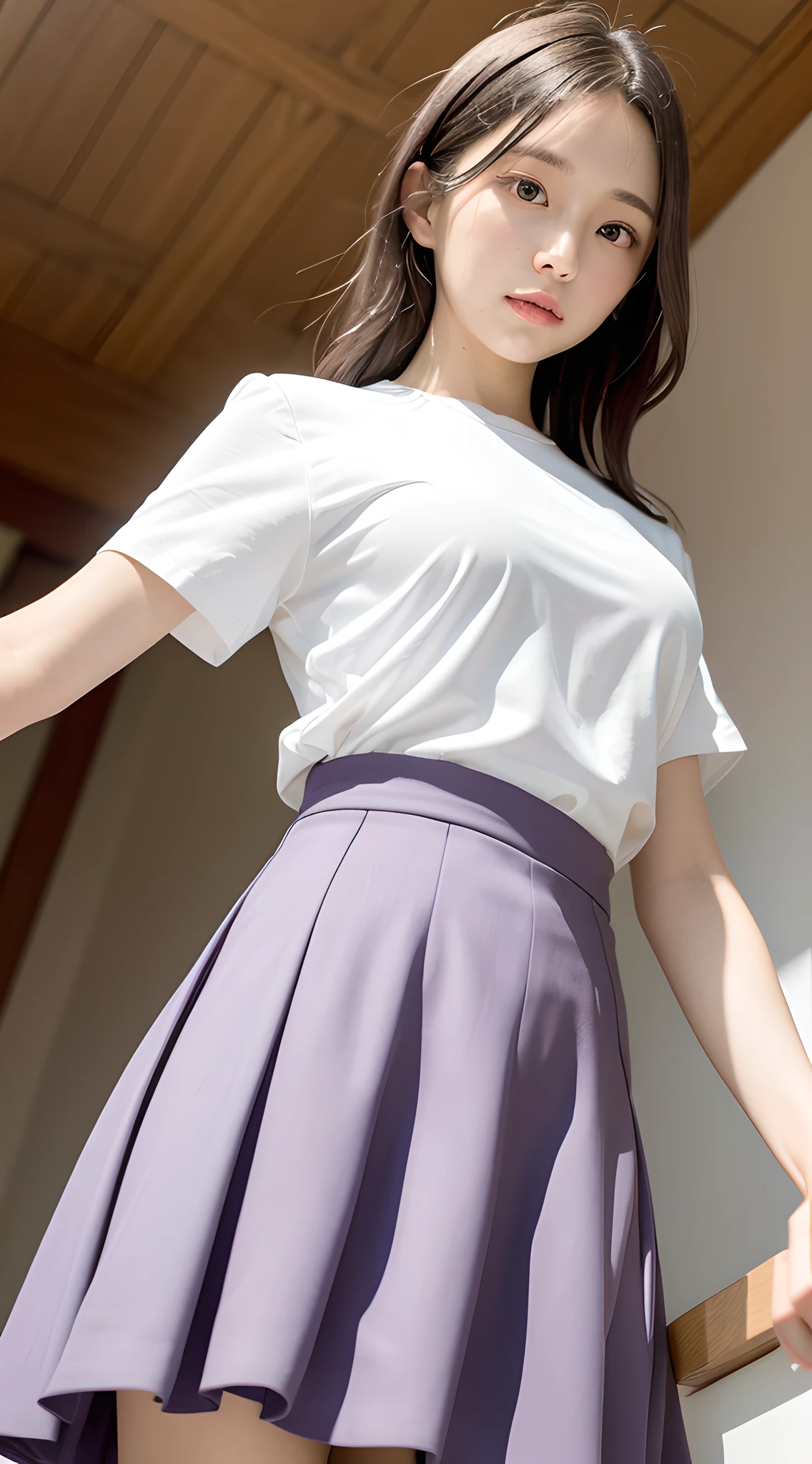 (masterpiece, best quality:1.4), delicate girl, 8k, 50mm portrait, raw photo, absurdres, violaceaess, gardeniass, (white short sleeve dress shirt, looking at viewer, from below, violet flare skirt:1.4), thighs, cowboy shot, dutch angle, arch back, large breasts, thin arms, thin waist, facelight, clear lighting, film grain, chromatic aberration, [:(detailed face, sophisticated, stylish outfit:1.3):0.2], room, (bokeh:1.2), (simple background:1.3)