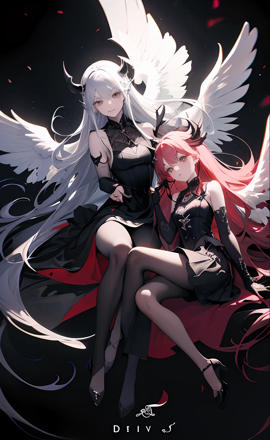duality left and right half split,Twins，2girls，The angel，devils，wings