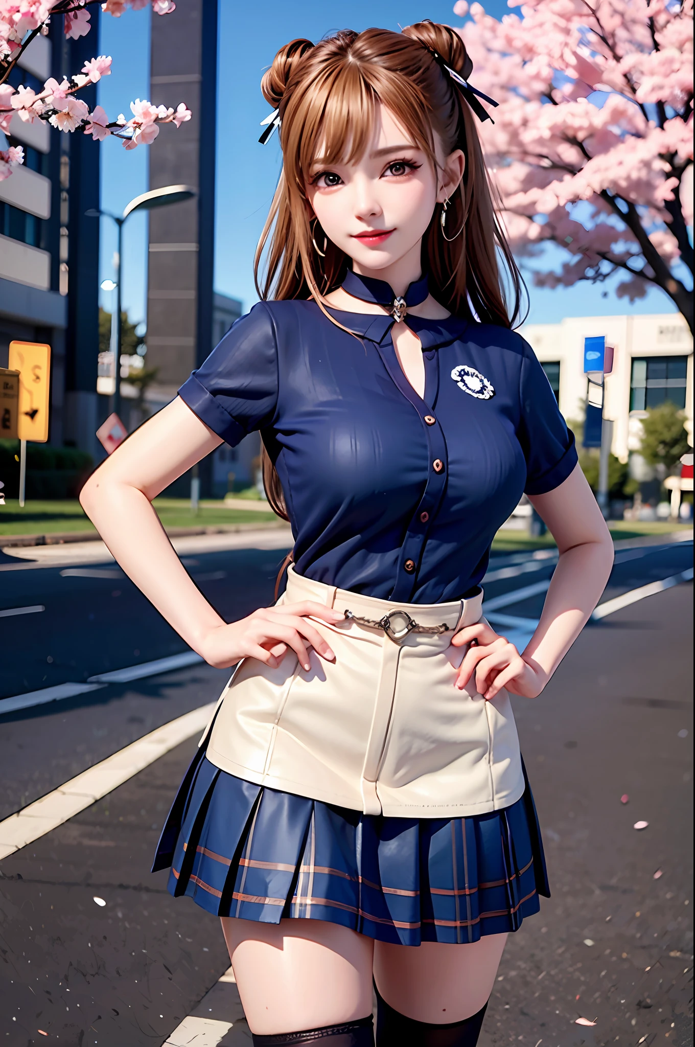 Masterpiece, Superb Style, Full Body, 1Girl, Bangs, Black Choker, Black Tie, Blonde Hair, Blue Skirt, Blush, Bracelet, Beautiful Breasts, Choker, Waist Dress, Collarbone, Collared Shirt, Denim Photos, Dress Shirt, Ear Piercings, Eyebrows Visible Through Hair, Gradient Hair, Grin, Gyaru, Jewelry, Kogal, Long Hair, Looking at the Audience, Loose Tie, Tie, Piercing, Plaid Skirt, Plaid Skirt, Pleated Skirt, Red Eyes, Ring, School Uniform, Shirt, Skirt, Smile, solo, white shirt, street, sky, cherry blossoms, petals, illustration, (magazine: 1.3), (cover style: 1.3), fashion, woman, vibrant, attire, pose, front, colorful, dynamic, background, element, confident, expressive, hold, statement, attachment, majestic, coiled, around, touch, scene, text, cover, bold, eye-catching, title, fashion, font, catchy, title, bigger, eye-catching, modern, stylish, focused, stylish, black stockings