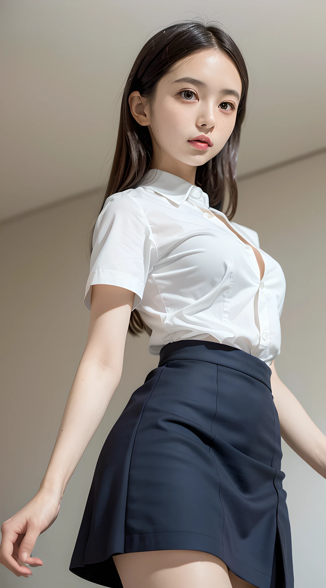 (masterpiece, best quality:1.4), delicate girl, 8k, 50mm portrait, raw photo, absurdres, violaceaess, gardeniass, dull violet theme, (looking at viewer, from below, side shot, short sleeve dress shirt, flare skirt:1.4), thighs, cowboy shot, dutch angle, arch back, large breasts, thin arms, thin waist, facelight, clear lighting, film grain, chromatic aberration, [:(detailed face, sophisticated, stylish outfit:1.4):0.2], bedroom, (bokeh:1.2), (simple background:1.3)