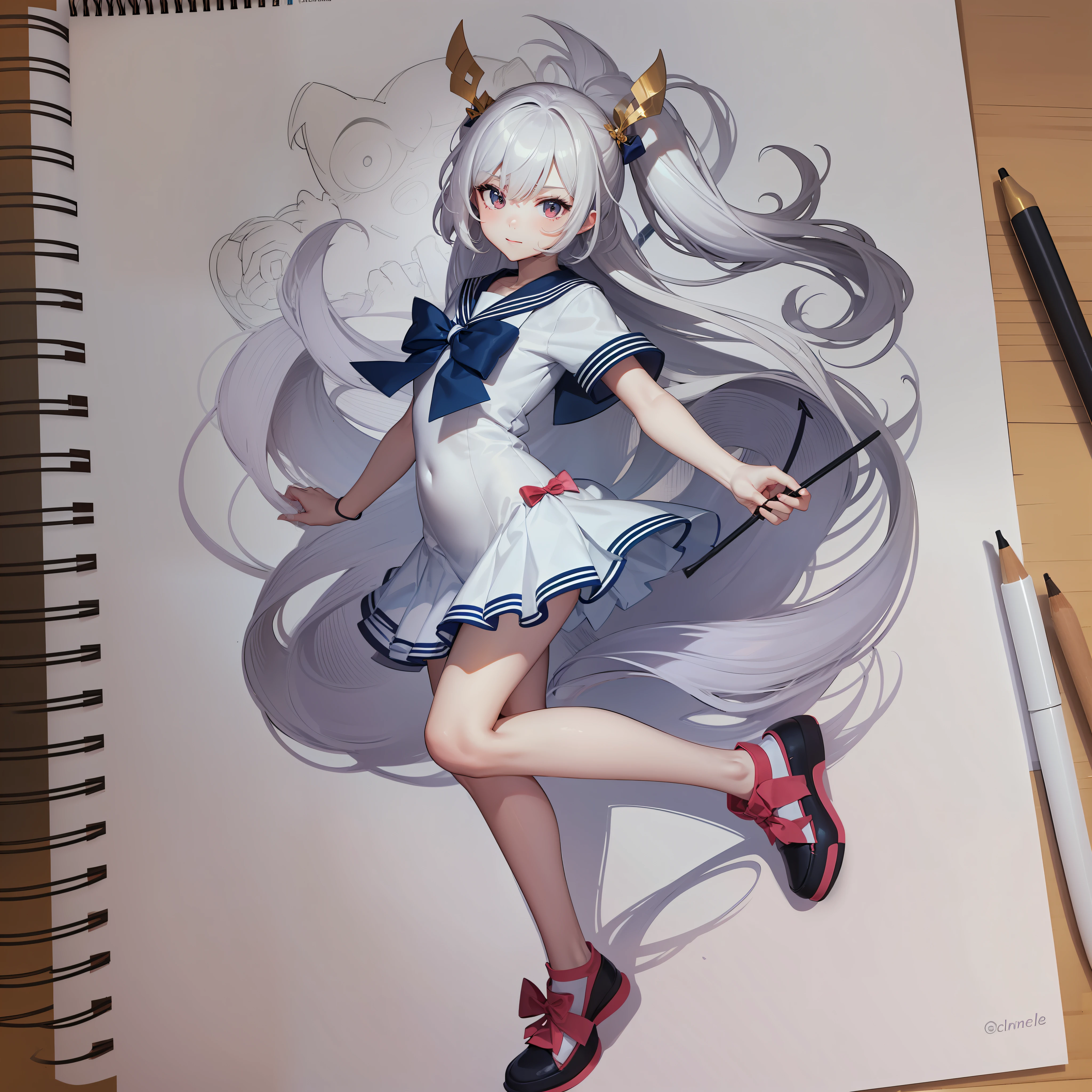 a drawing of a girl in a sailor suit with a bow, clean anime outlines, clean line drawings, outline sketch, anime full body illustration, simple line art, full body character drawing, Full body drawing, outline drawing, perfect lineart, lineart, Casual pose, full body portrait of a short!, line-drawing!!, Full body model