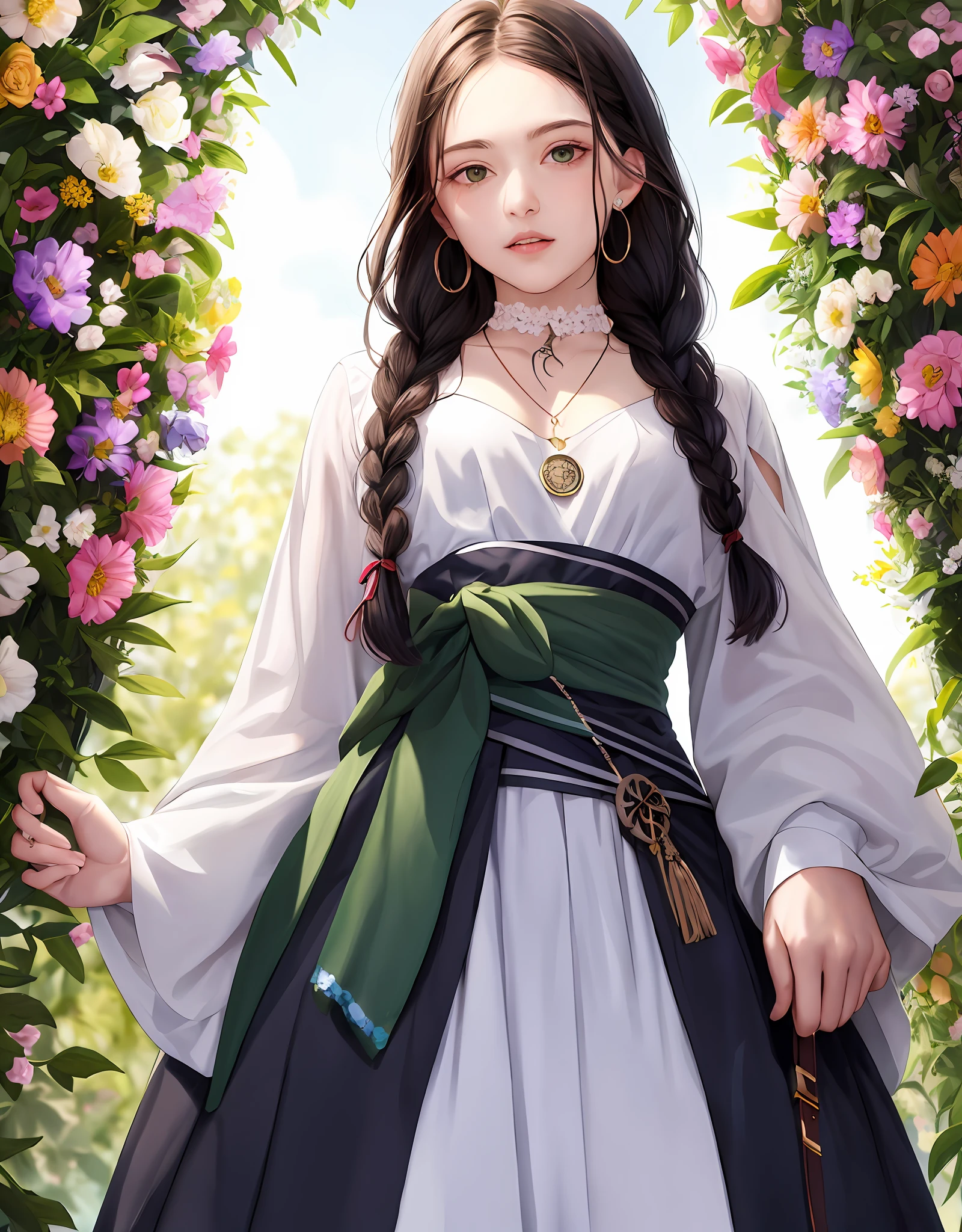 A dark-haired,a round face,Green slim long dress,There is a large ribbon around the neck to cover the neck,White earring pendant,Flowers in hand,The hair becomes four braids,The middle of the braid is filled with flowers,A spell rune hangs from his waist