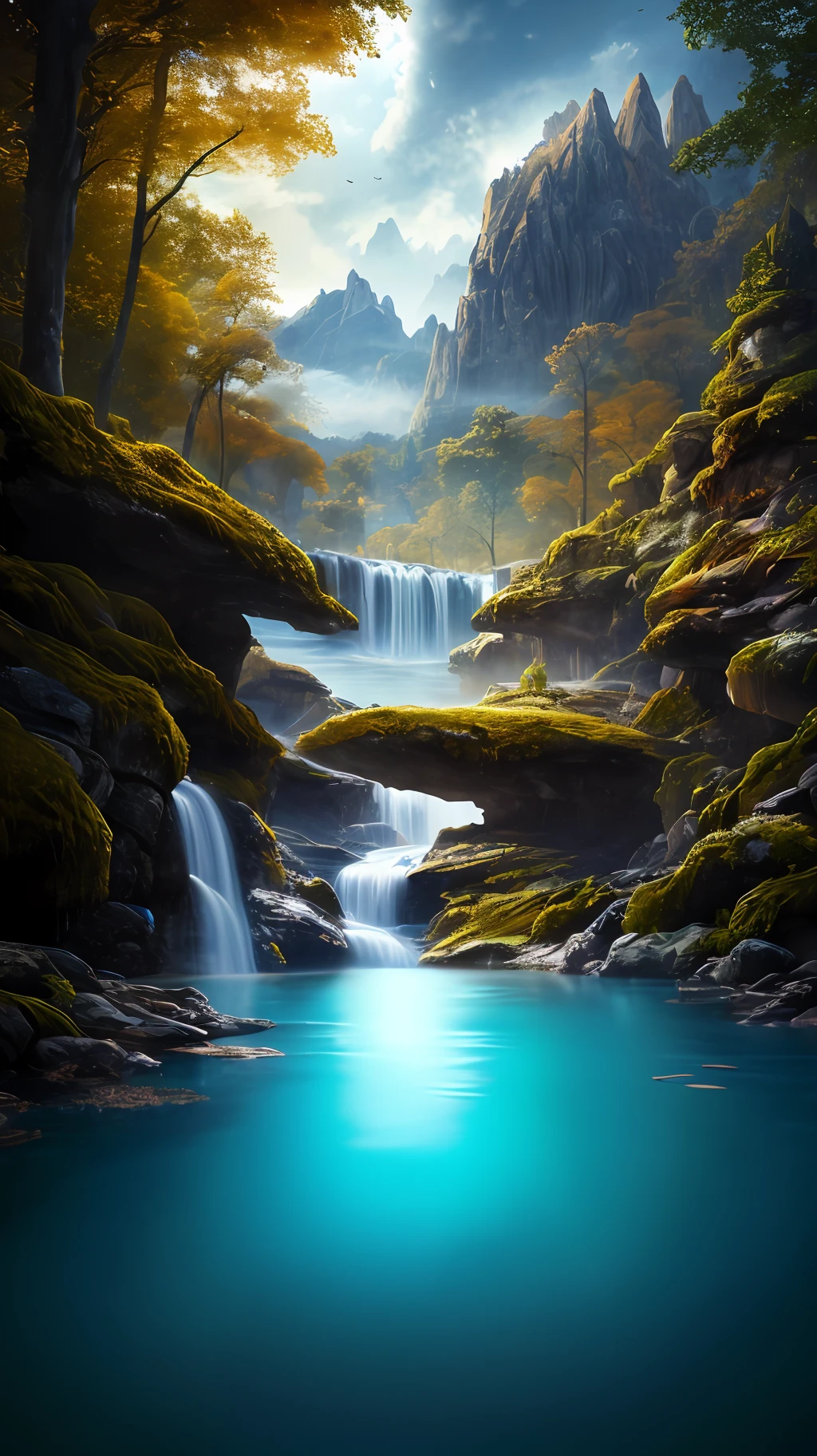 Masterpiece, best quality, high quality, extremely detailed CG unity 8k wallpaper, landscape, outdoor, sky, cloud, sky, no humans, mountain, landscape, water, tree, blue sky, waterfall, cliff, nature, lake, river , cloudy skies, award winning photography, bokeh, depth of field, HDR, bloom, chromatic aberration, photorealism, very detailed, trending on artstation, trending on CGsociety, intricate, high detail, dramatic, midjourney art