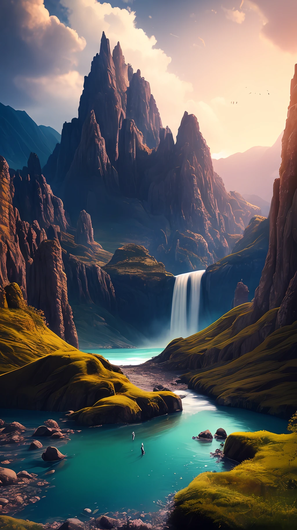 Masterpiece, best quality, high quality, extremely detailed CG unity 8k wallpaper, landscape, outdoor, sky, cloud, sky, no humans, mountain, landscape, water, tree, blue sky, waterfall, cliff, nature, lake, river , cloudy skies, award winning photography, bokeh, depth of field, HDR, bloom, chromatic aberration, photorealism, very detailed, trending on artstation, trending on CGsociety, intricate, high detail, dramatic, midjourney art