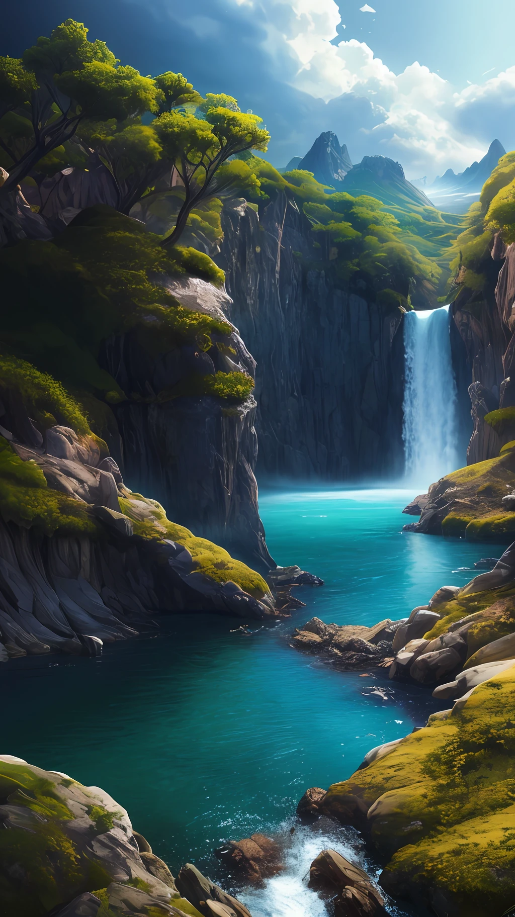 Masterpiece, best quality, high quality, extremely detailed CG unity 8k wallpaper, landscape, outdoor, sky, cloud, sky, no humans, mountain, landscape, water, tree, blue sky, waterfall, cliff, nature, lake, river , cloudy skies, award winning photography, bokeh, depth of field, HDR, bloom, chromatic aberration, photorealism, very detailed, trending on artstation, trending on CGsociety, intricate, high detail, dramatic, midjourney art