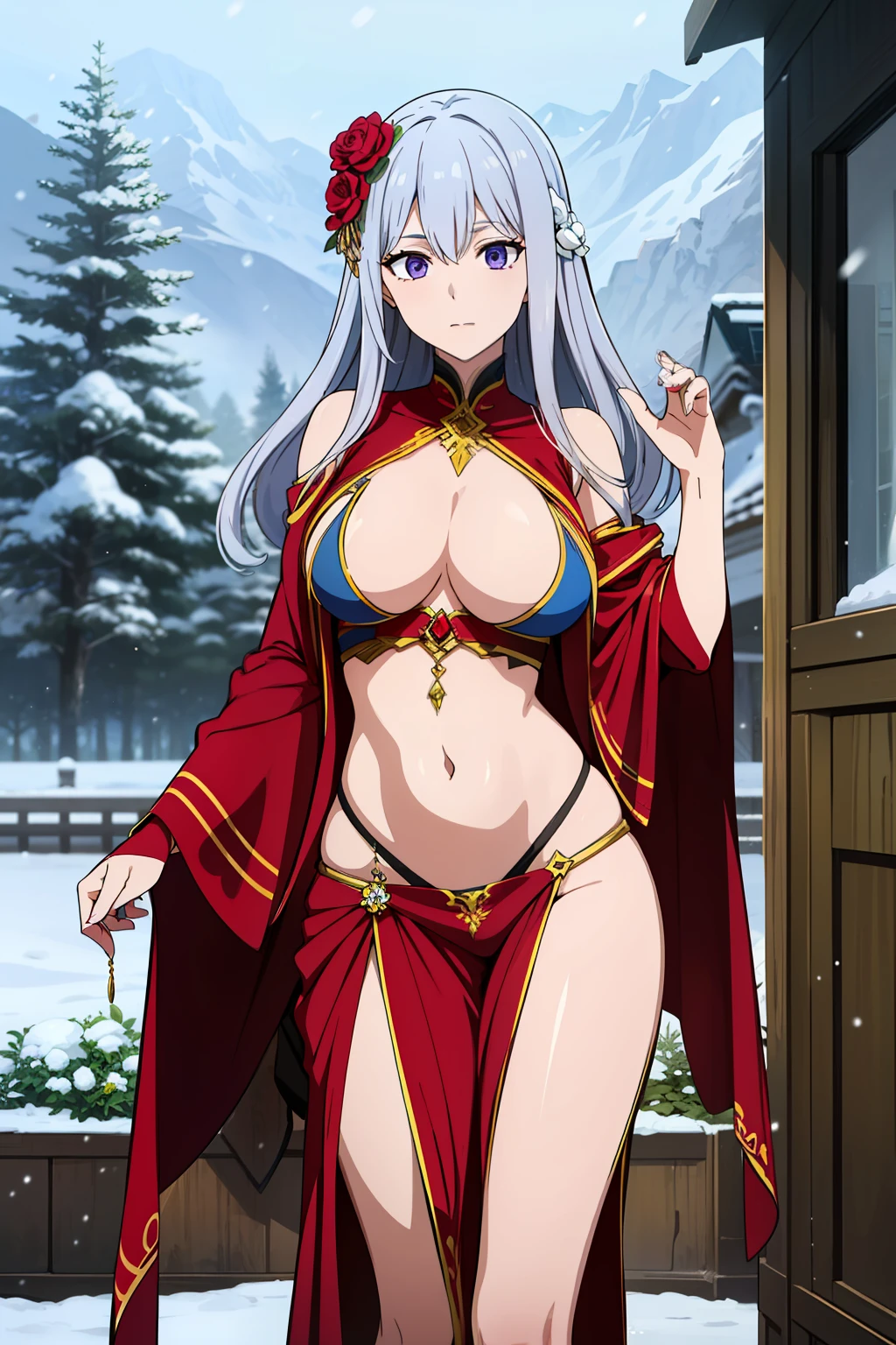 masterpiece, best quality, Freya has a beauty that is superior and outstanding even among the gods. She has long silver hair, purple eyes, and white skin like that of fresh snow. She has a perfect golden ratio, enough to think that the golden ratio originated from her. Her clothes are in large part black and red, they expose most of her stomach and breasts. She also wears two flower-like ornaments in her hair.