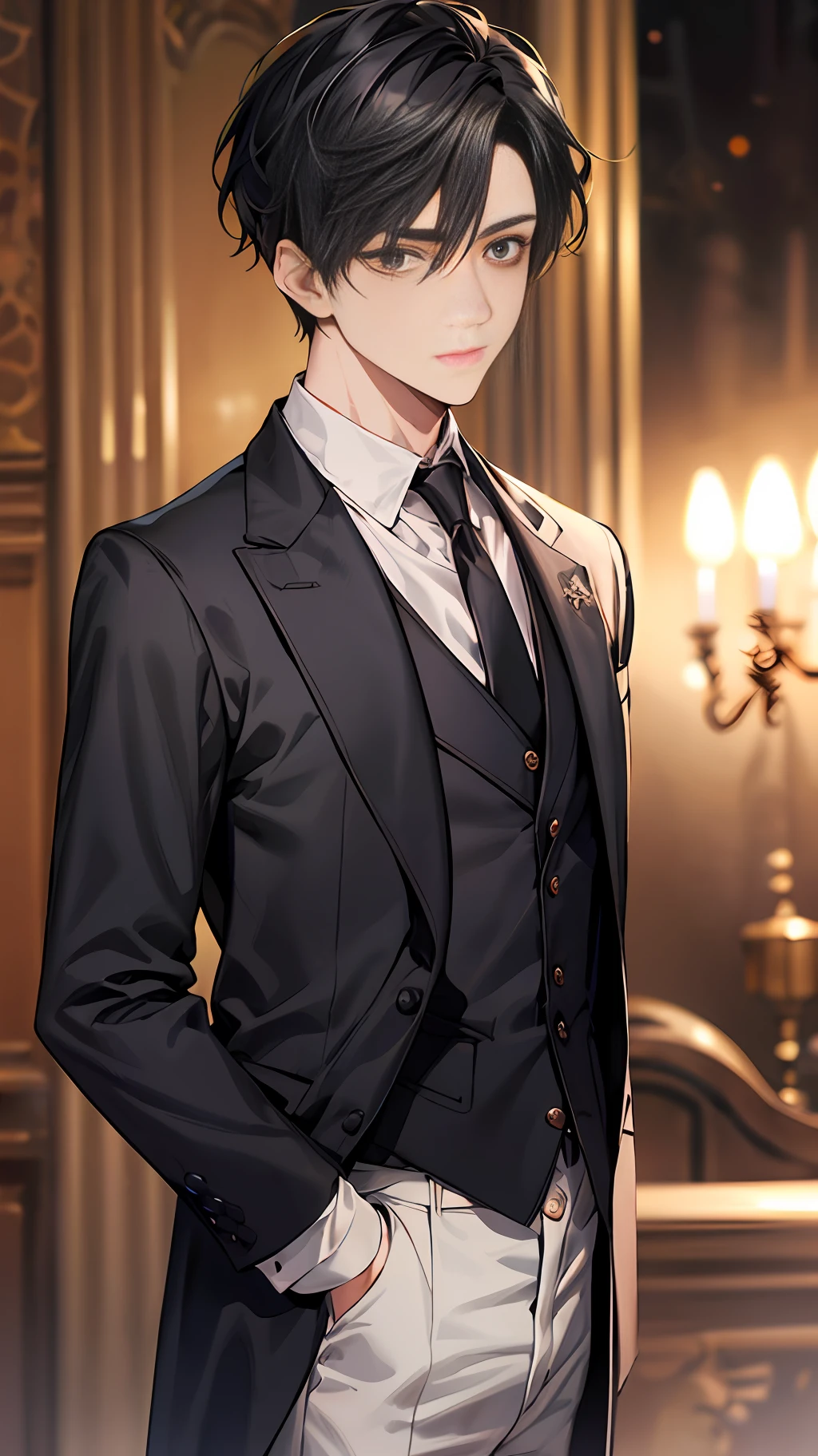 1boy，Face focus，AS-Adult，blacksuit，jaket，white  shirt，tiese，trouser，best quailty，Western medieval room，Details of face，Background of details，depth of fields，Background bokeh