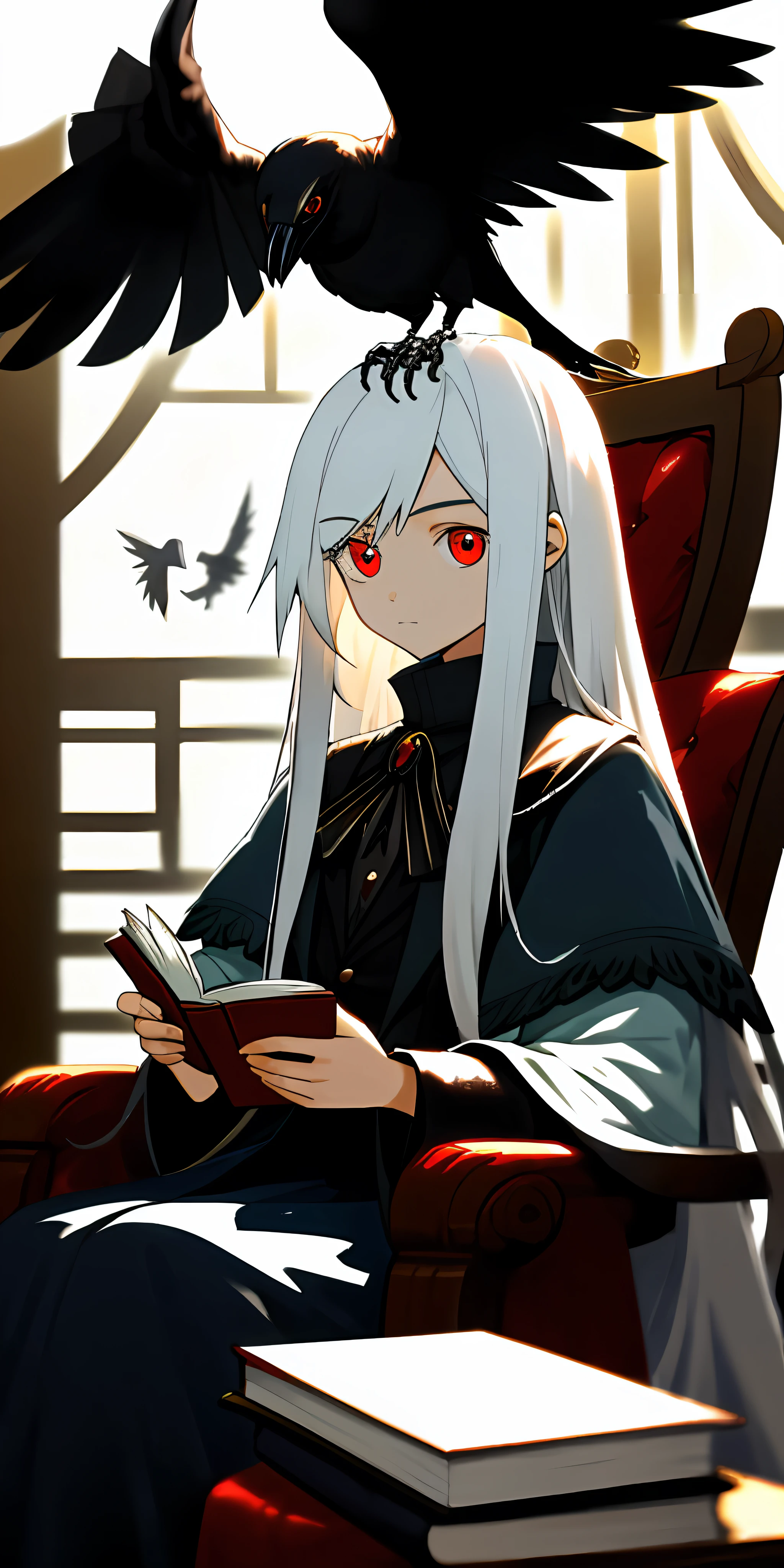 （tmasterpiece，best quailty），1 girl with long white hair and red eyes sitting on a chair holding a book，warmly lit，Very astringent，Blurred foreground，There was a crow in the girl's hand，Close-up，
