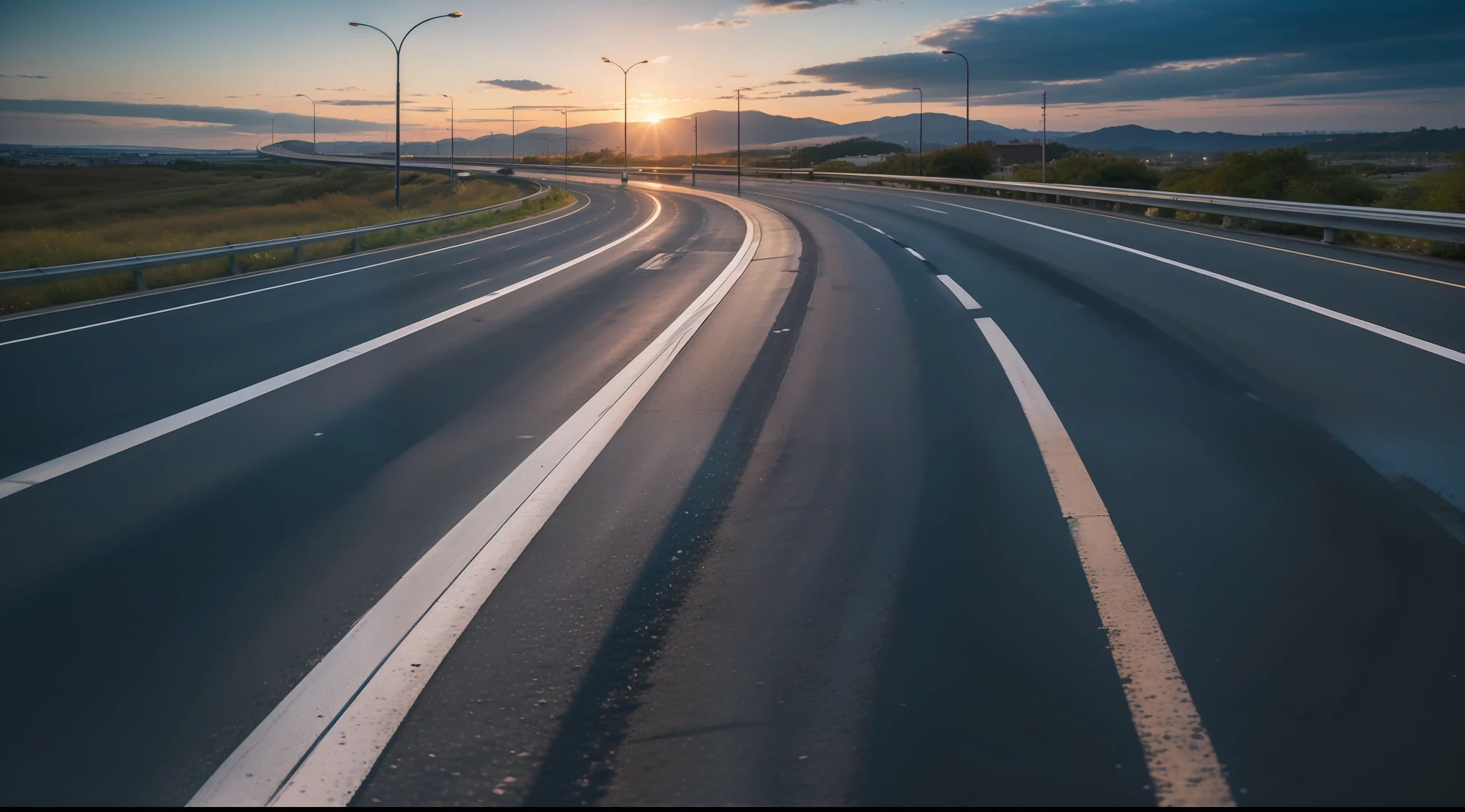 Future city scenic highway，Asphalt pavement，A close-up of a highway，Live photos，8K，Kodak，shutter inventory