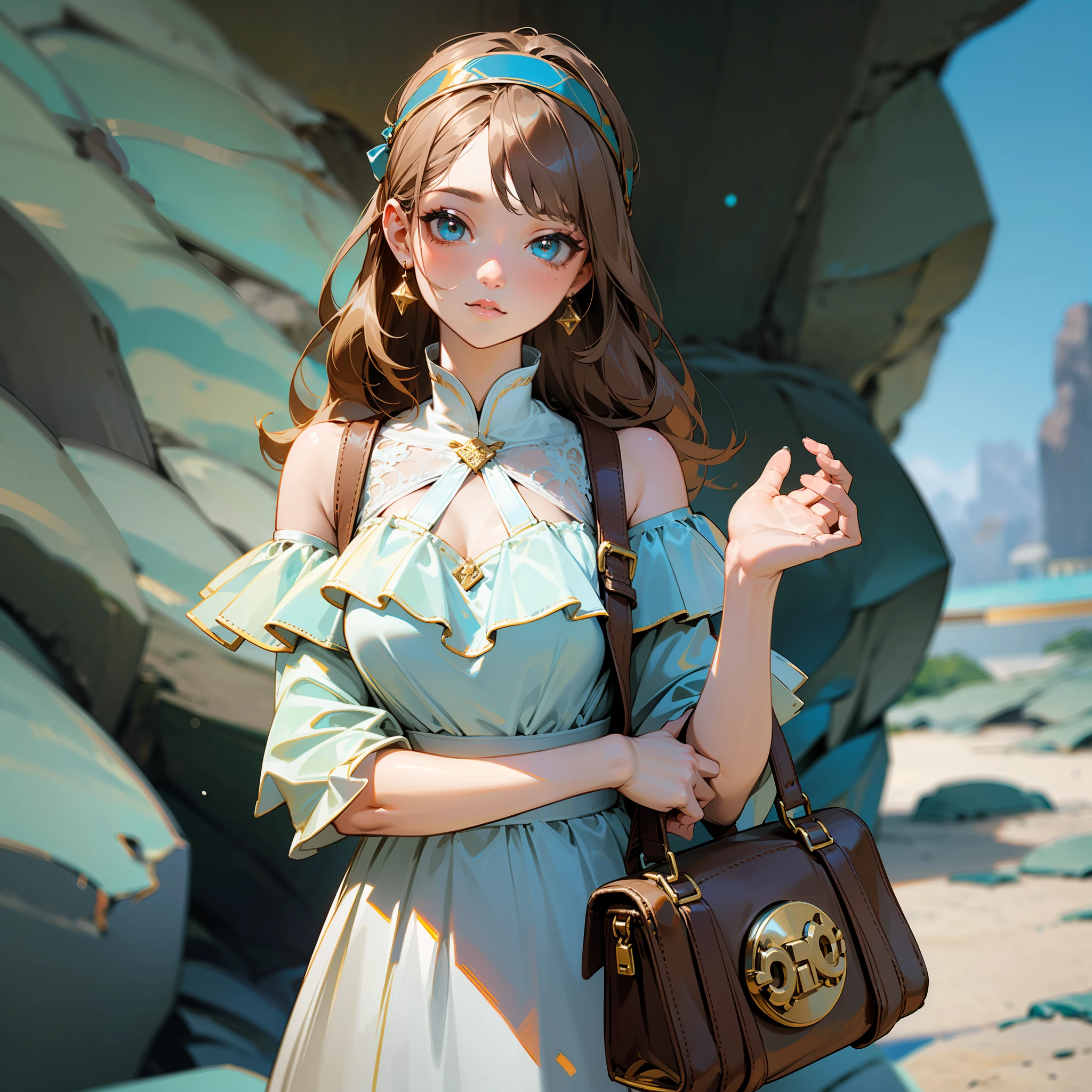 (masterpiece, best quality), (detailed beautiful eyes), (detailed eyes and detailed face), (beautiful clear background), (extremely detailed CG, super detailed, best shadows), (( Depth of Field)), Beauty Concept Illustration, (Illustration), (Extremely Delicately Beautiful), (Perfect Details) This is a photo of a beautiful girl's face in a white dress with a decorative headband in shades of green and blue. The person is carrying a brown handbag with a gold logo. The background is a blue rock formation with caves and fissures. Girl resting on a rock with one hand and holding a handbag in the other