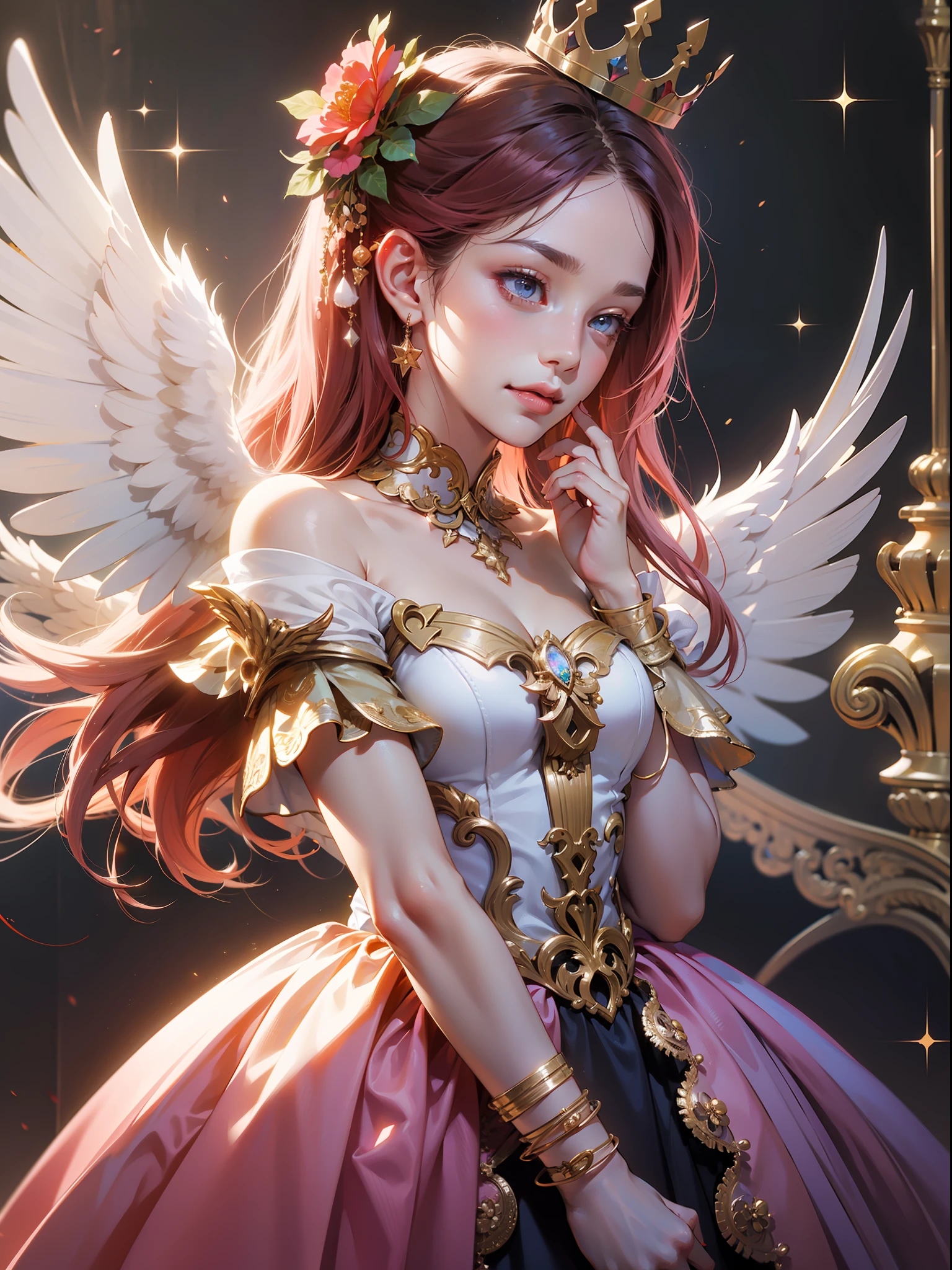 longeyelashes, solid circle eyes, light smile, ear blush, fang, brown hair, pink hair, hair over shoulder, hime cut, long hair, halo, crown, hairpin, hair ribbon, hair flower, hair bow, bell, jewelry, Surrealism, pov, atmospheric perspective, chiaroscuro, cinematic lighting, sparkle, god rays, ray tracing, first-person view, panorama, perspective, Wide-Angle, Eye-Level Shot, 8k, super detail, ccurate, best quality, UHD, retina, masterpiece, anatomically correct, textured skin, high quality,There are 2 girls,2 girls,Angels and demons,2 people,2 girls,Angels and demons,Wings,holy glow,lovly,ribbontrim,Beautiful dress,feathered,The angel,The demon,jeweled accents