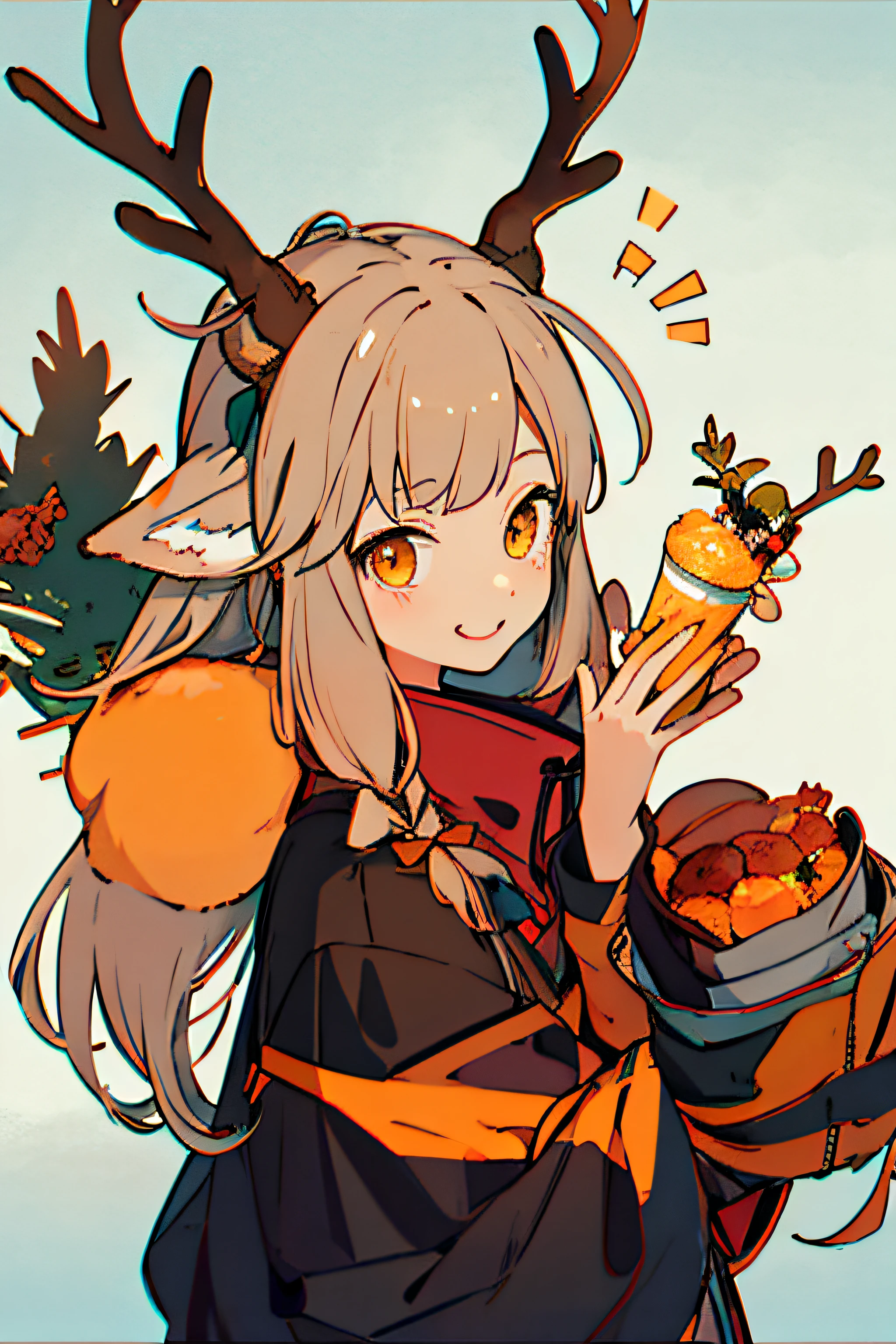 A cartoon girl, short antlers, deer ears, cute, anthropomorphic deer female, anthropomorphic deer, cute horns, [[[[laughs], meme, cute, antlers on the head, by Kanbun master, loli, 🍁 🍂 cute characters