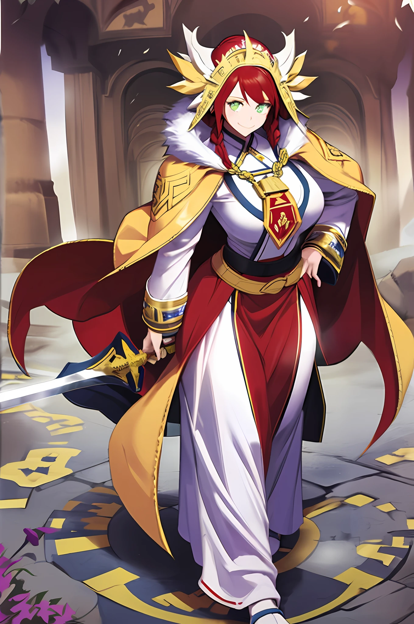 tsubaki yayoioi , blazblue, red hair, green eyes, long hair, tall female, warrior, sword, medieval, twin braids, priestess, holy, holy helmet, medium breasts, yellow cape, stylised helmet, light smile, full body, gold,european cloths, medieval , england, full body, christian, walking, solo focus, holding weapon, long skirt