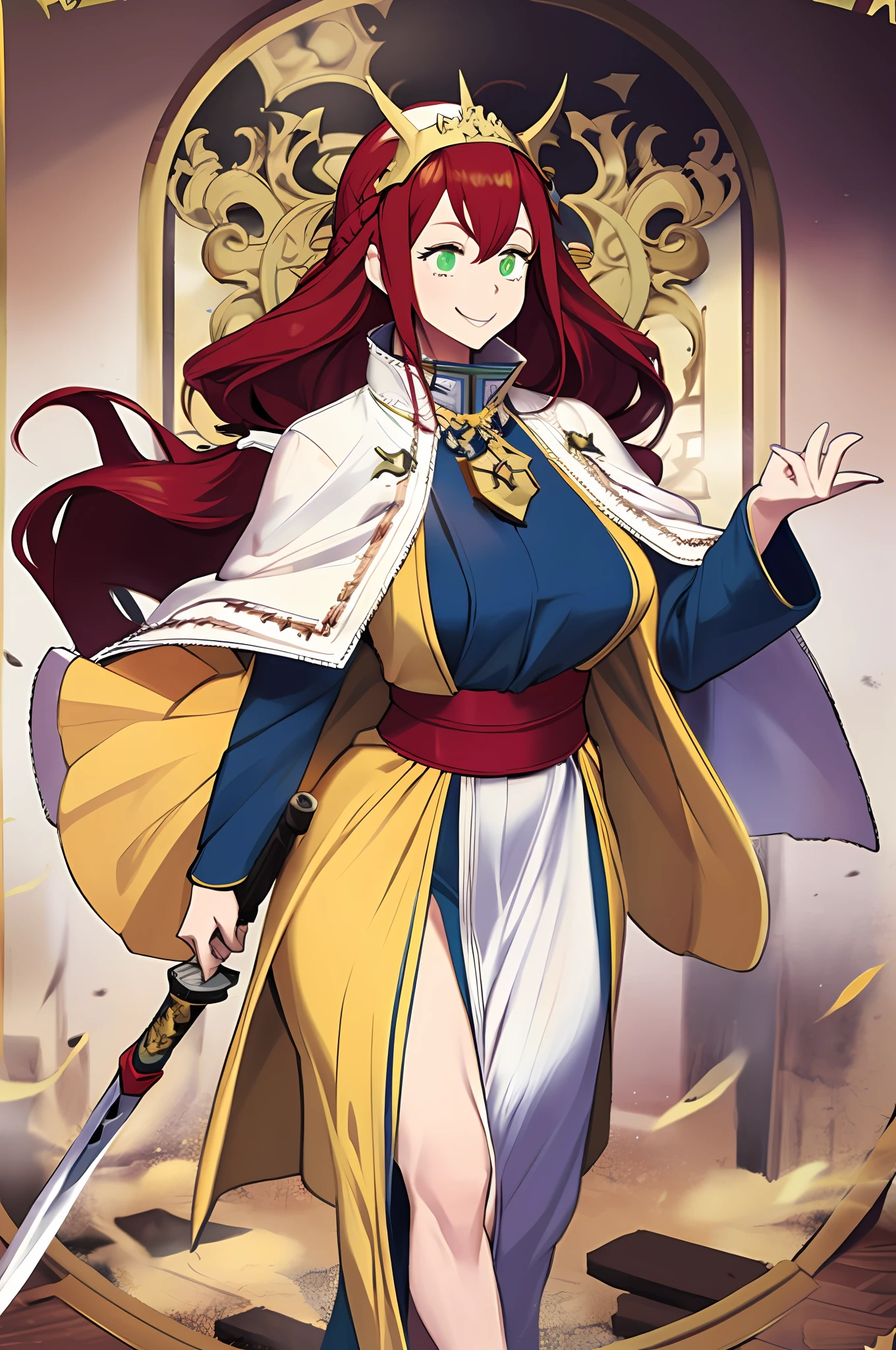 tsubaki yayoioi , blazblue, red hair, green eyes, long hair, tall female, warrior, sword, medieval, twin braids, priestess, holy, holy helmet, medium breasts, yellow cape, stylised helmet, light smile, full body, gold,european cloths, medieval , england, full body, christian, walking, solo focus, holding weapon, long skirt