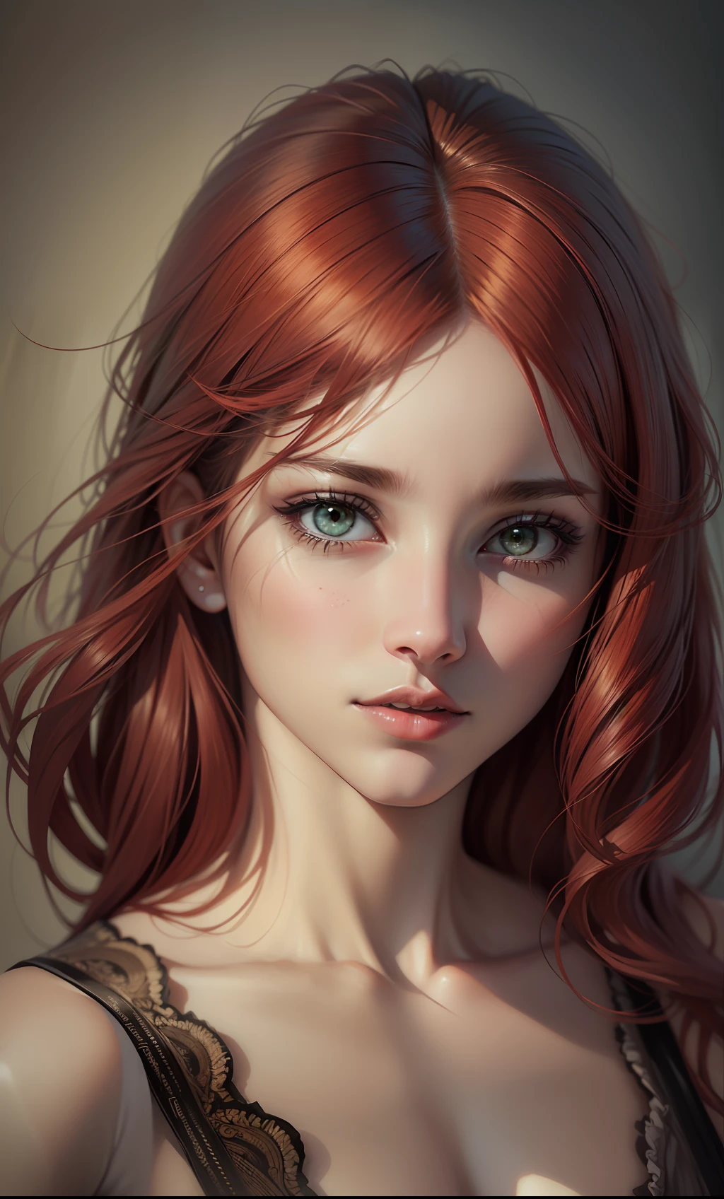 ((FOTOREALISTA)),Foto de perto parte superior,girl Cabelos red, cabelo franja,olhos red,intrincado ,Melhor qualidade, surreal de perto linda face