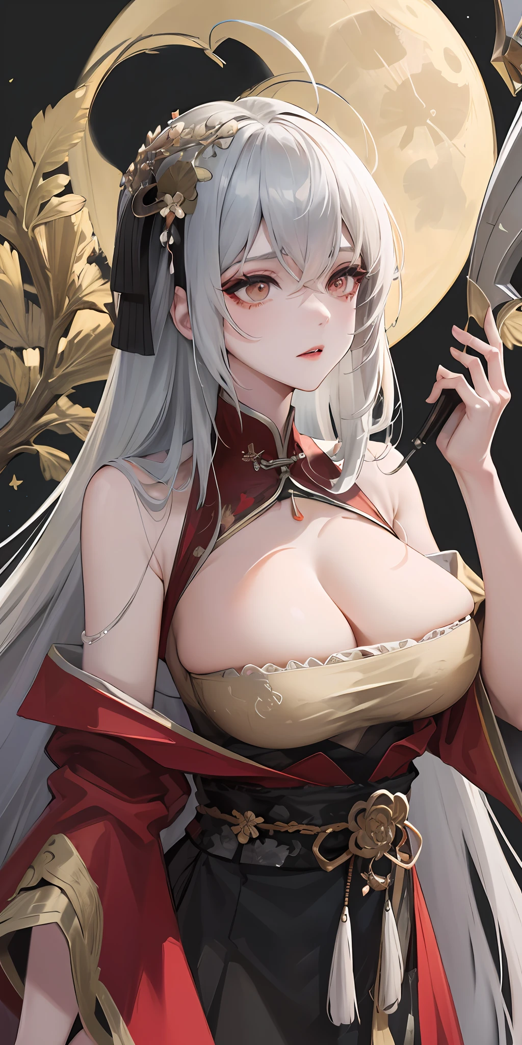 Masterpiece, Best, Night, Full Moon, 1 Female, Mature Woman, Chinese Style, Ancient China, Elder Sister, Royal Sister, Cold Face, Expressionless, Silver White Long Haired Woman, Pale Pink Lips, Calm, Intellectual, Three Belts, Gray Hitomi, assassin, dagger, flower ball background, street view