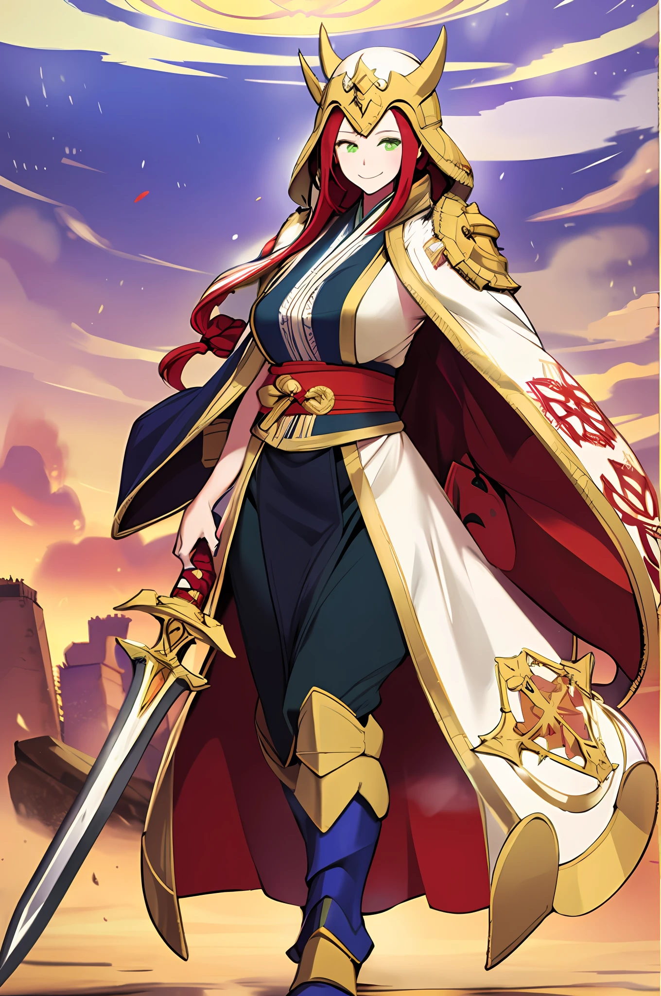 tsubaki yayoioi , blazblue, red hair, green eyes, long hair, tall female, warrior, sword, medieval, twin braids, priestess, holy, holy helmet, medium breasts, yellow cape, stylised helmet, light smile, full body, gold,european cloths, medieval , england, full body, christian, walking, solo focus, holding weapon, long skirt