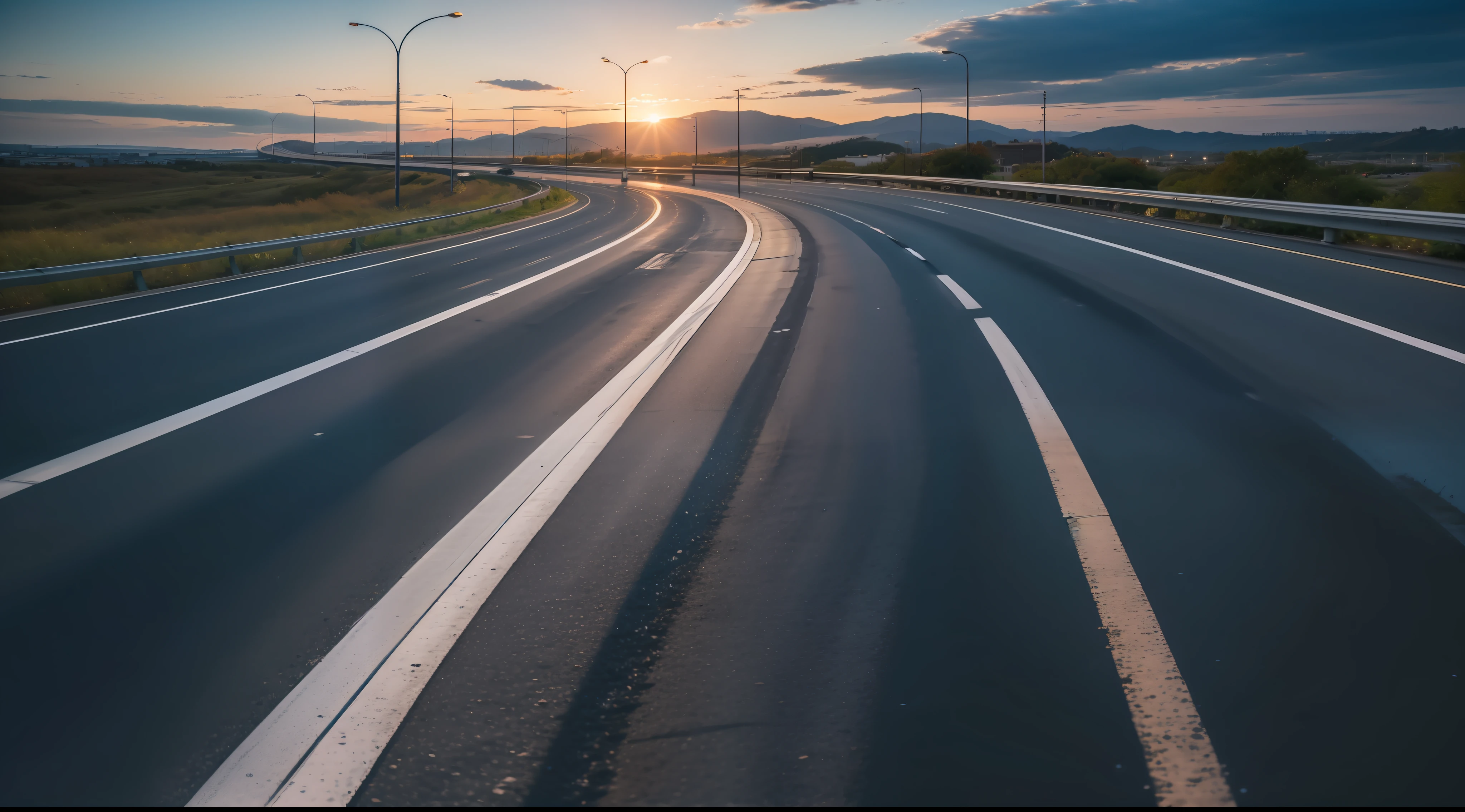 Future city scenic highway，Asphalt pavement，A close-up of a highway，Live photos，8K，Kodak，shutter inventory