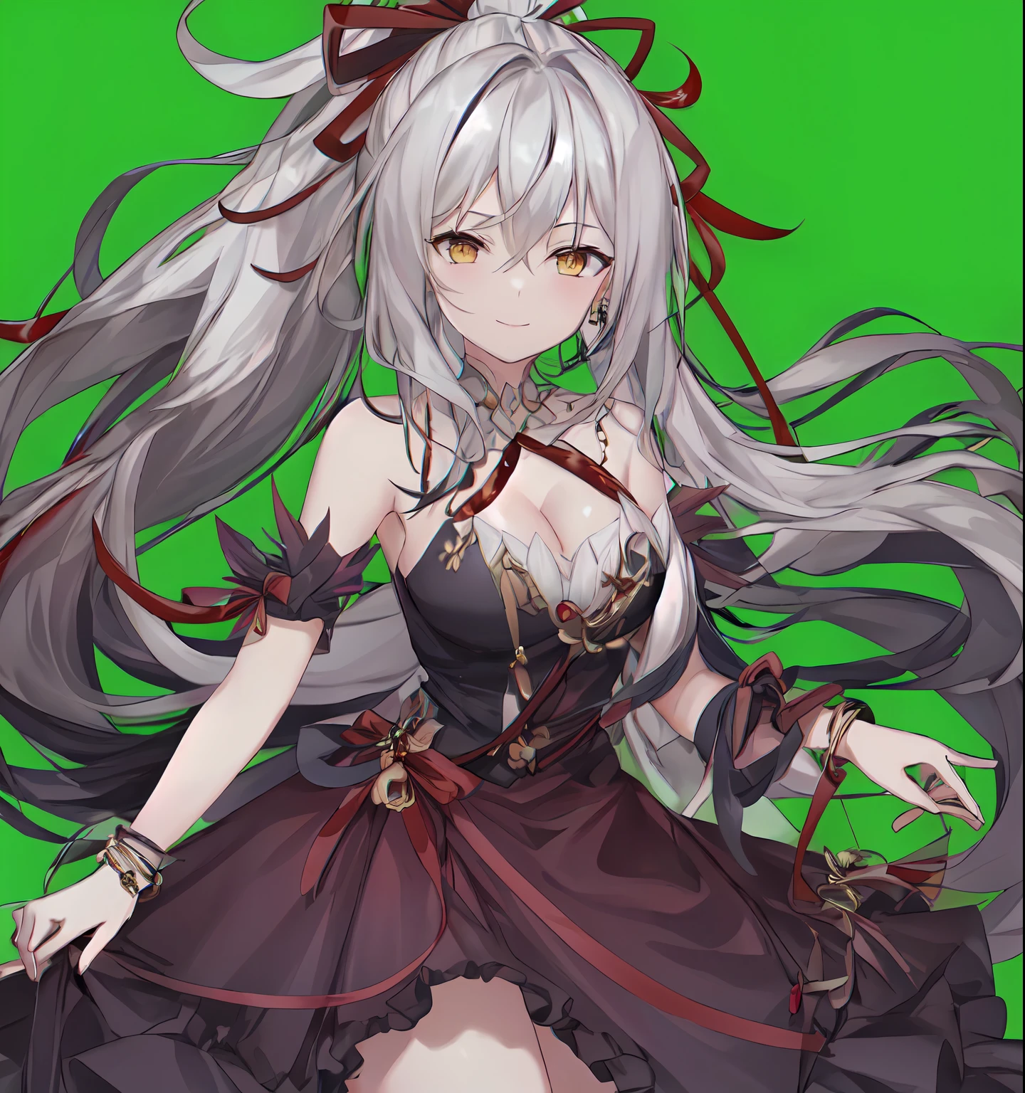 1girl, solo, breasts, long hair, multicolored hair, looking at viewer, ponytail, dress, cleavage, red hair, bracelet, white hair, jewelry, yellow eyes, red ribbon, smile, hair ribbon, hair between eyes, bare shoulders, ribbon, medium breasts, bangs, closed mouth, black hair, detached sleeves, skirt