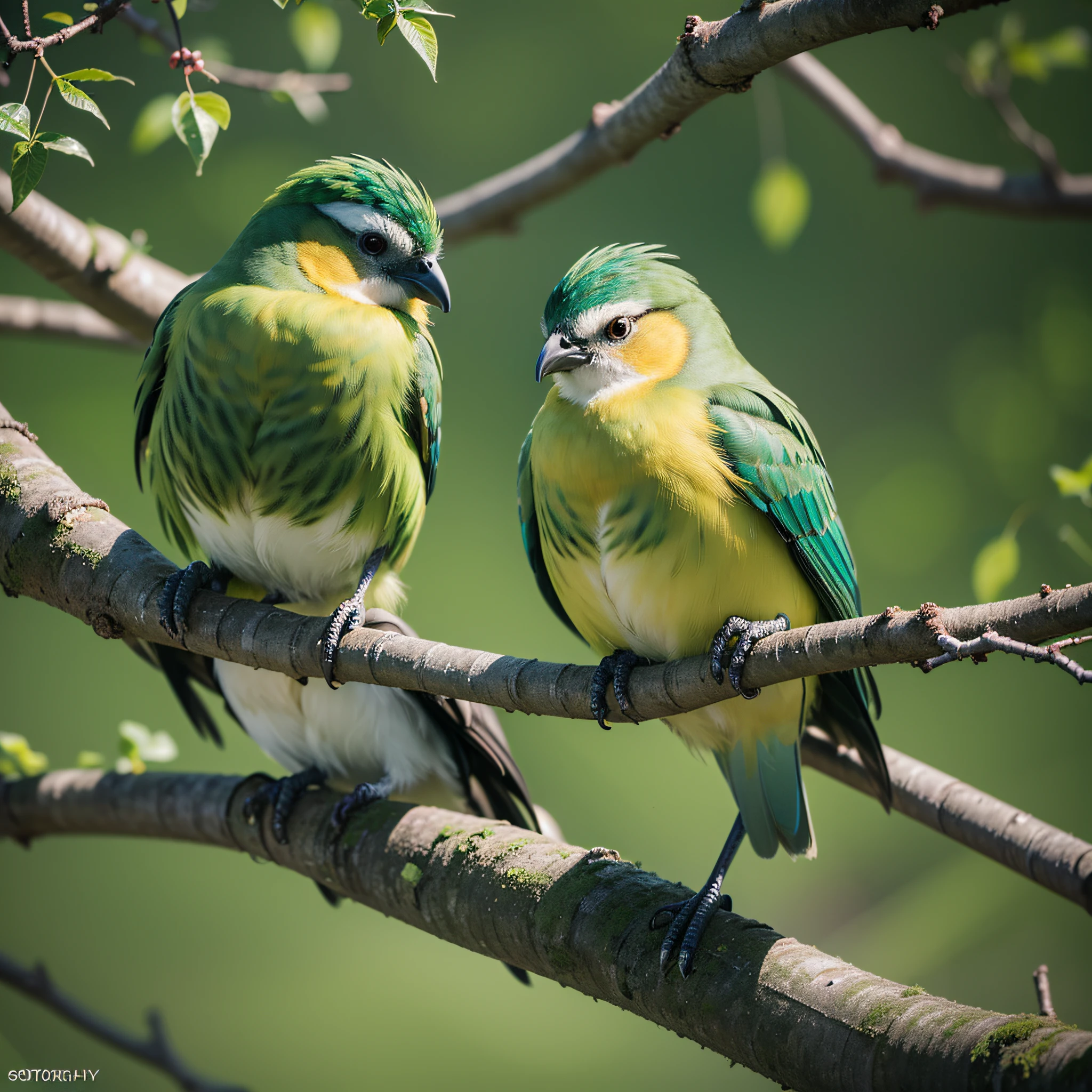 (((Top photography))),Real images,Ultra-clear image quality, (A pair of feathered birds with a green mixed yellow gradient)Perched on branches.