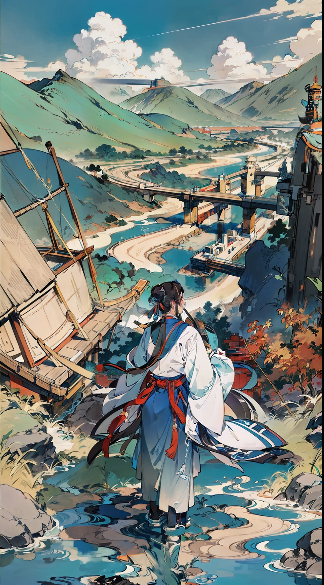 Illustration style，tmasterpiece，8K，A high resolution，best quailty，Highest texture，natural  lightting，perfect shadow，((Libido boy))，solo，Stand far away，(Stay away from the lens)，cabelos preto e longos，hairbuns，Blue Hanfu，Back Shadow，Turquoise Uesugi，White belt，Turn your back to the audience，Faraway view，In the background is a big mountain，High hills，(standing on the ship)，rivers，river water